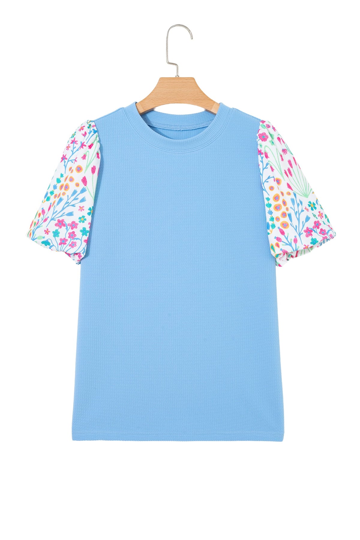 Light Blue Round Neck Textured Contrast Floral Bubble Sleeve Blouse