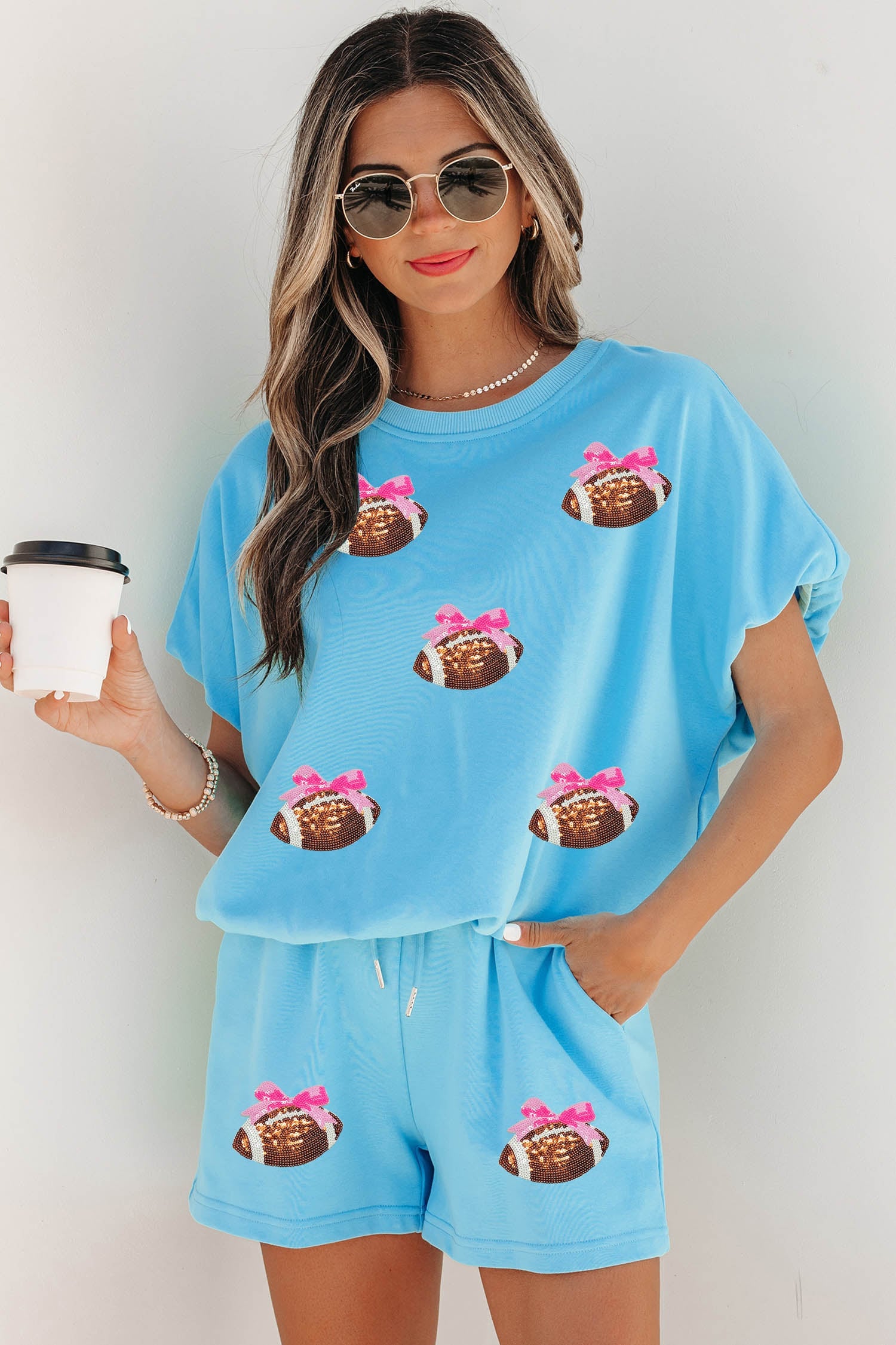 Light Blue Sequin Bow Rugby Pattern Short Sleeve Loose Two Piece Set