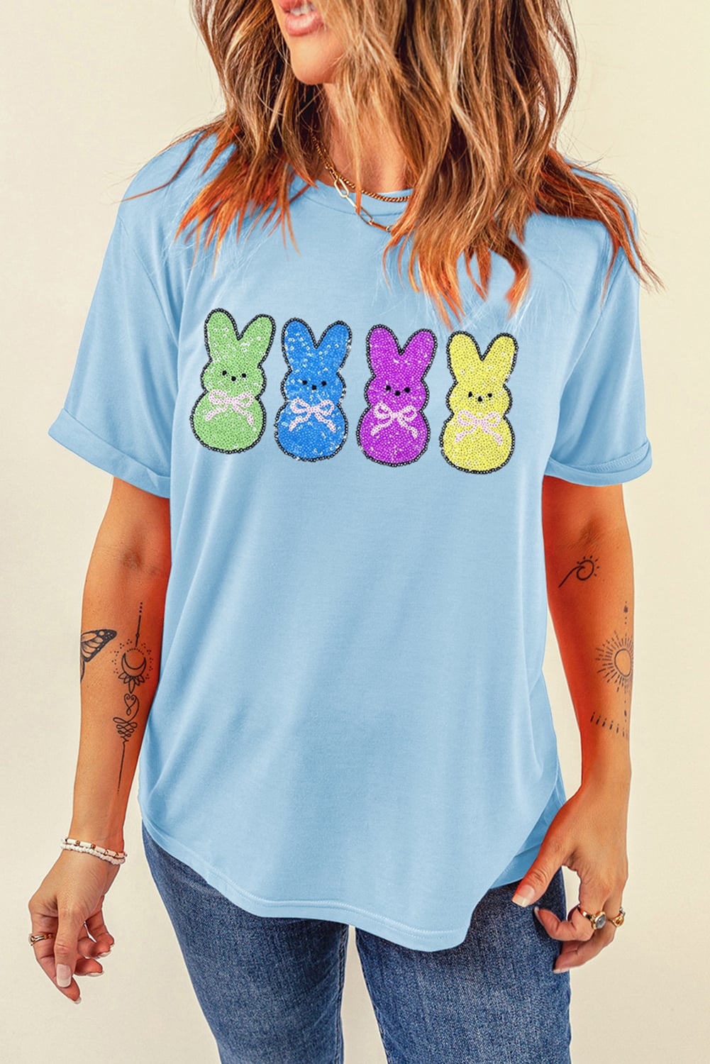 Light Blue Sequin Bunny Doll Graphic Casual T Shirt