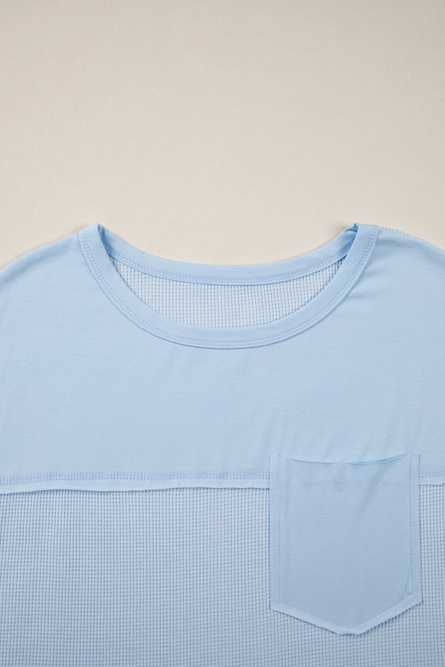 Light Blue Solid Color Raw Seam Waffled Patchwork Casual T Shirt
