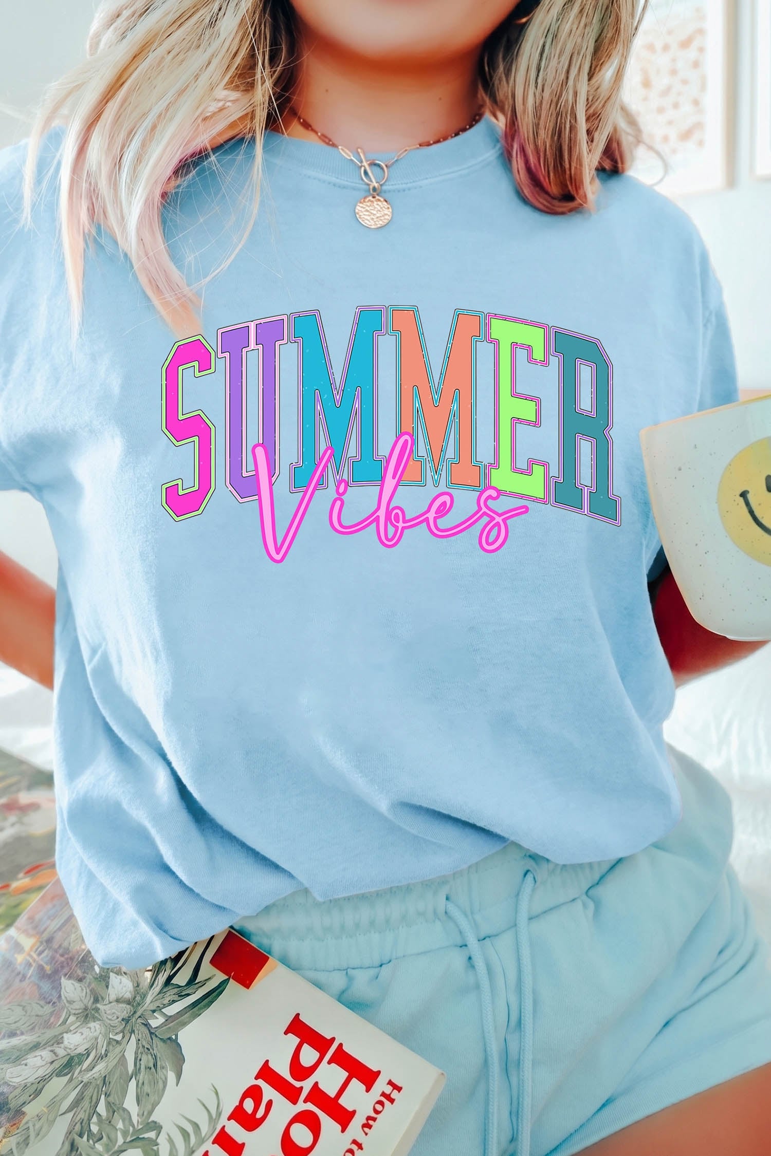 Light Blue SUMMER Vibes Letter Print Round Neck Casual T-Shirt