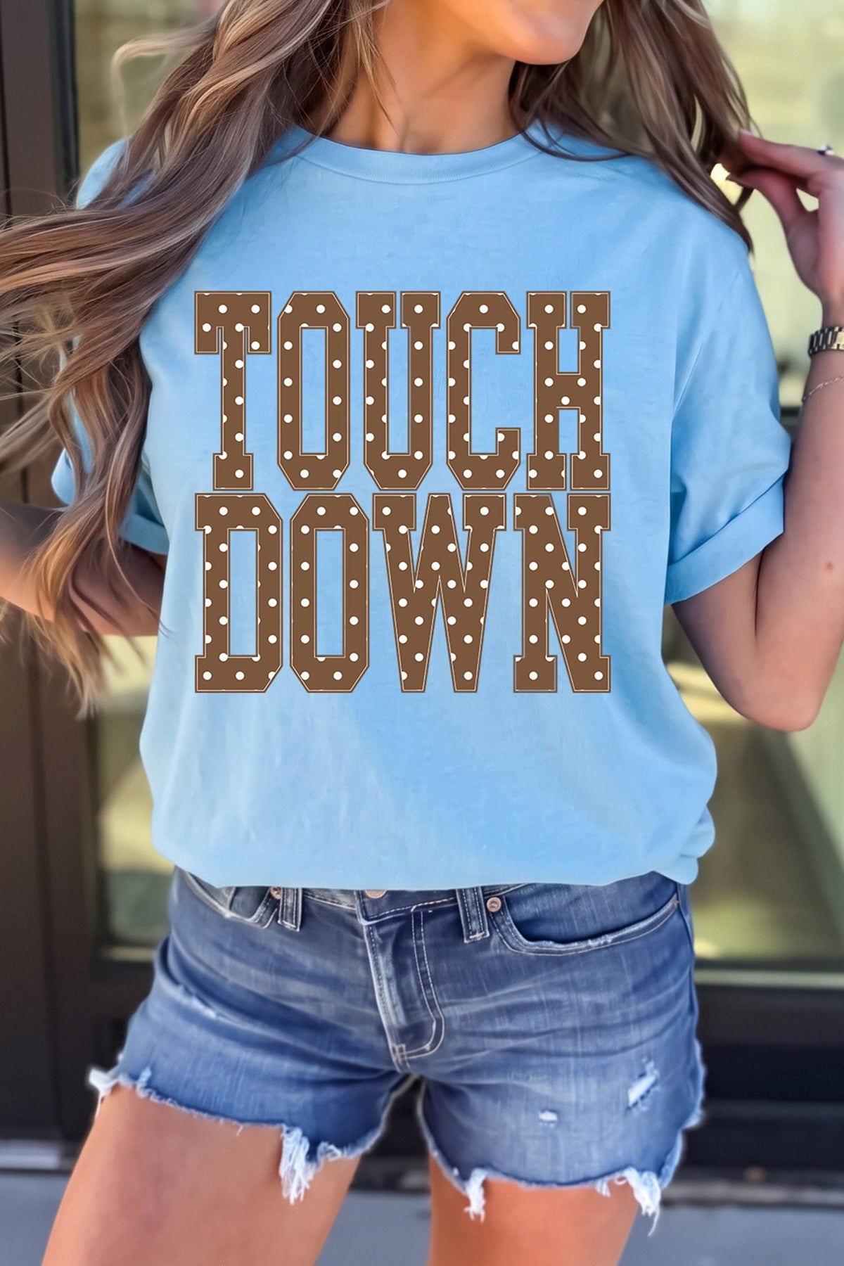 Light Blue TOUCHDOWN Polka Dot Letter Print Casual Crew Neck T Shirt