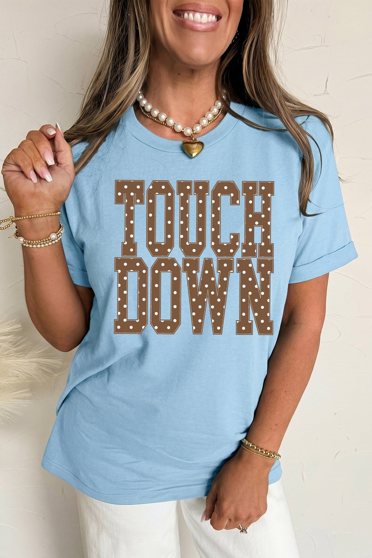 Light Blue TOUCHDOWN Polka Dot Letter Print Casual Crew Neck T Shirt
