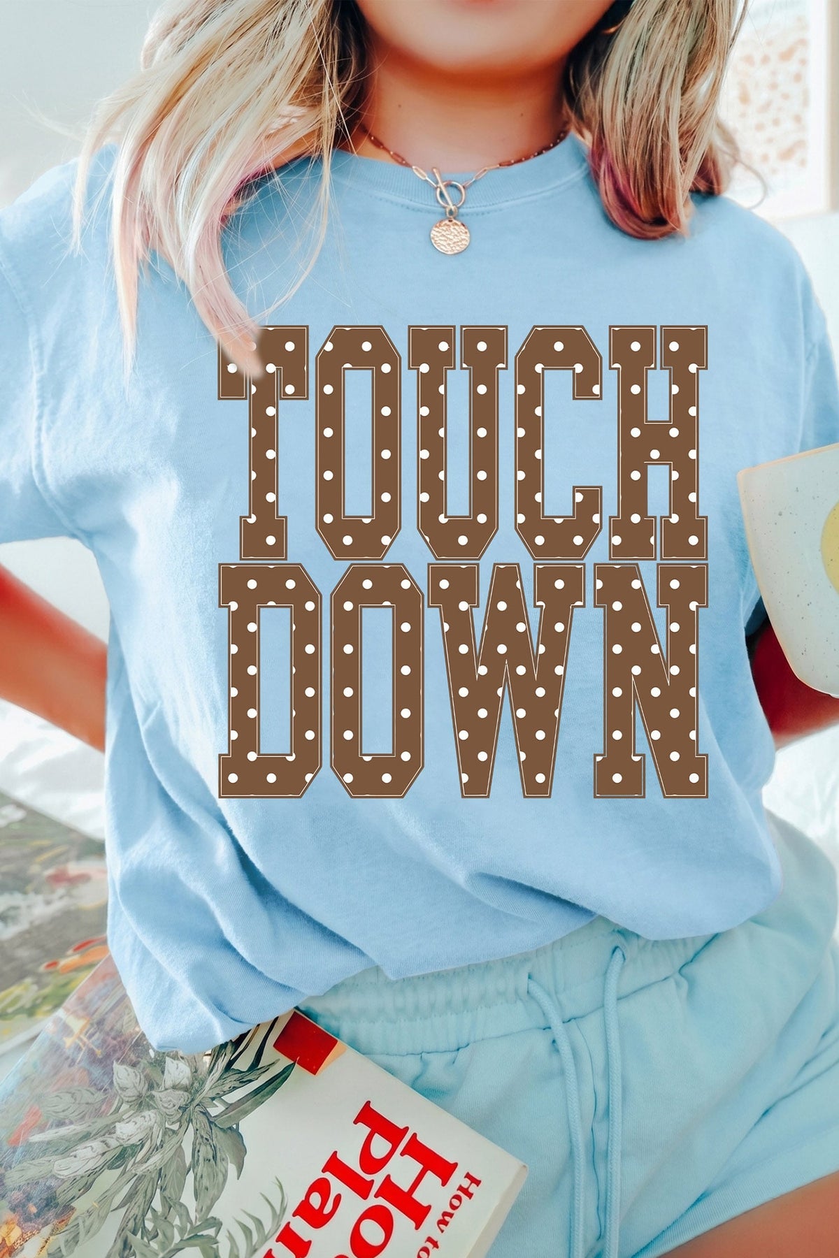 Light Blue TOUCHDOWN Polka Dot Letter Print Casual Crew Neck T Shirt