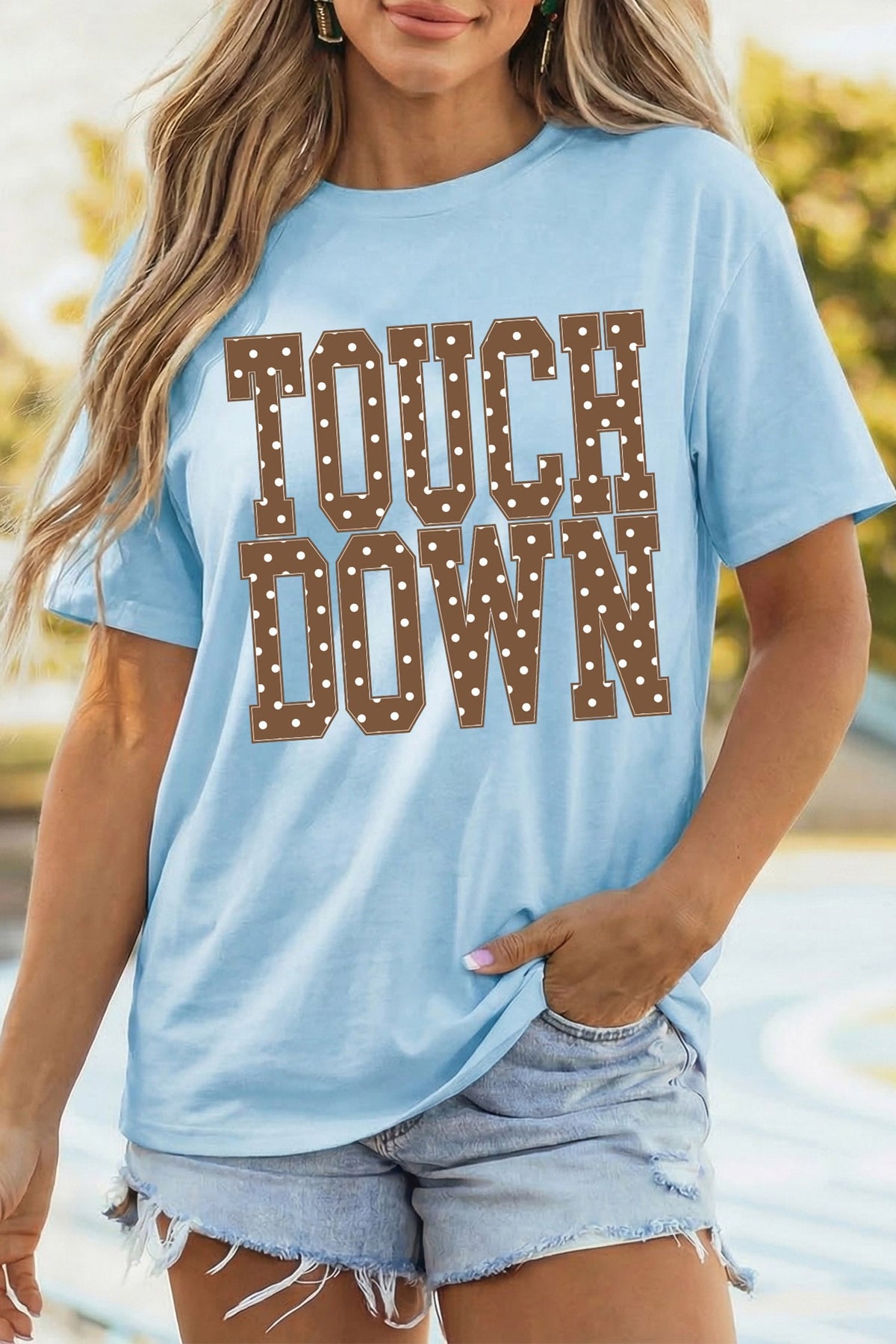 Light Blue TOUCHDOWN Polka Dot Letter Print Casual Crew Neck T Shirt