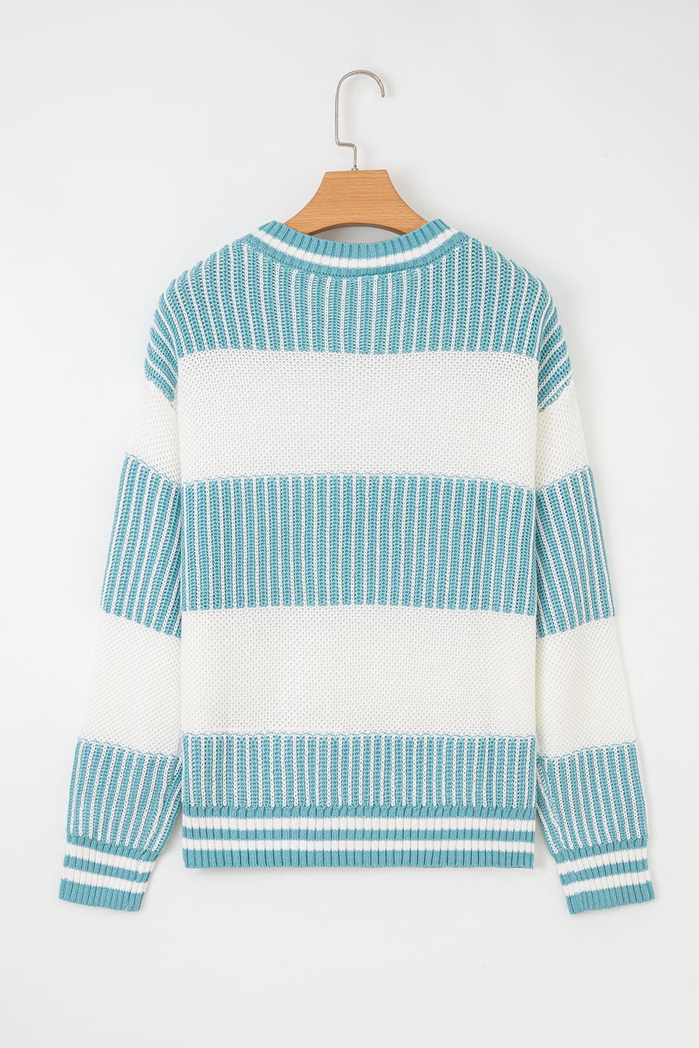 Light Blue Two Tone Striped Patchwork Drop Shoulder Loose Sweater