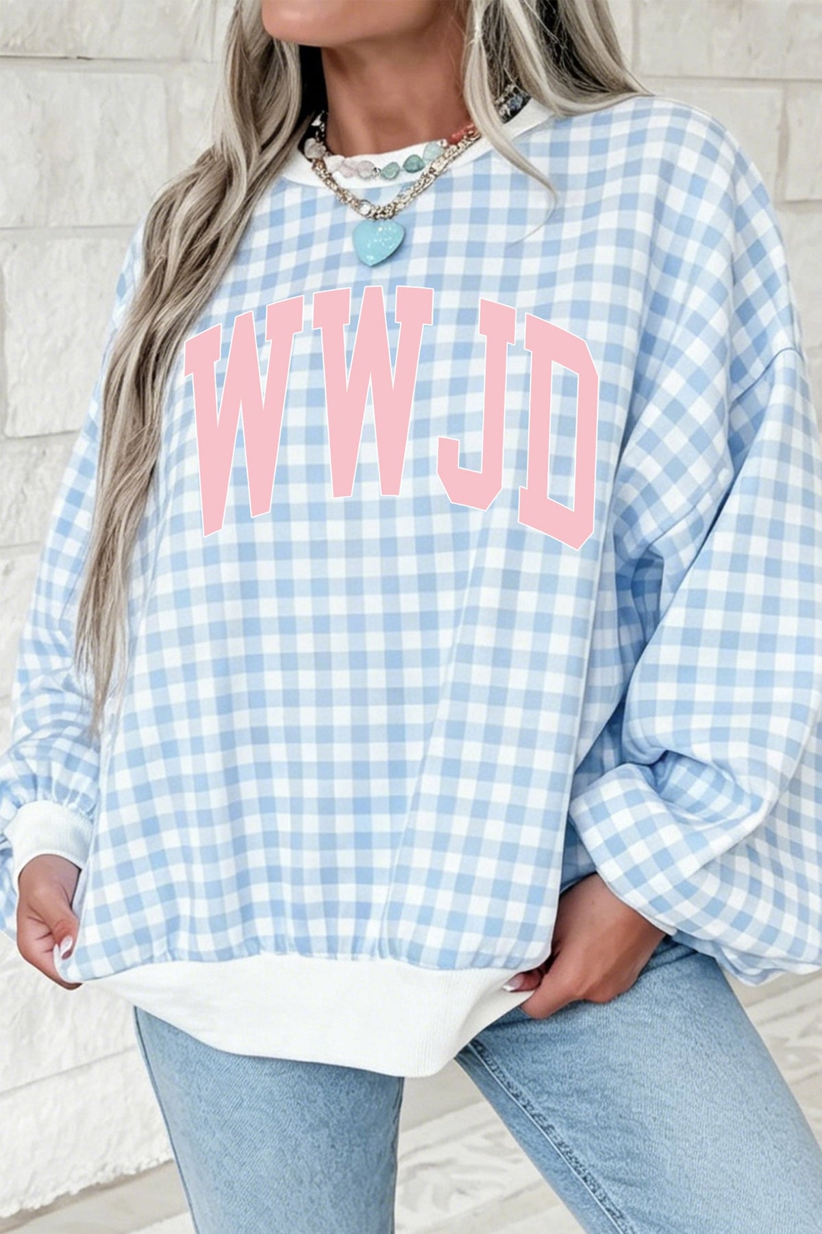 Light Blue WWJD Gingham  Tunic Crewneck Graphic Sweatshirt