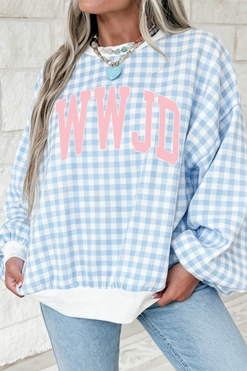 Light Blue WWJD Gingham  Tunic Crewneck Graphic Sweatshirt