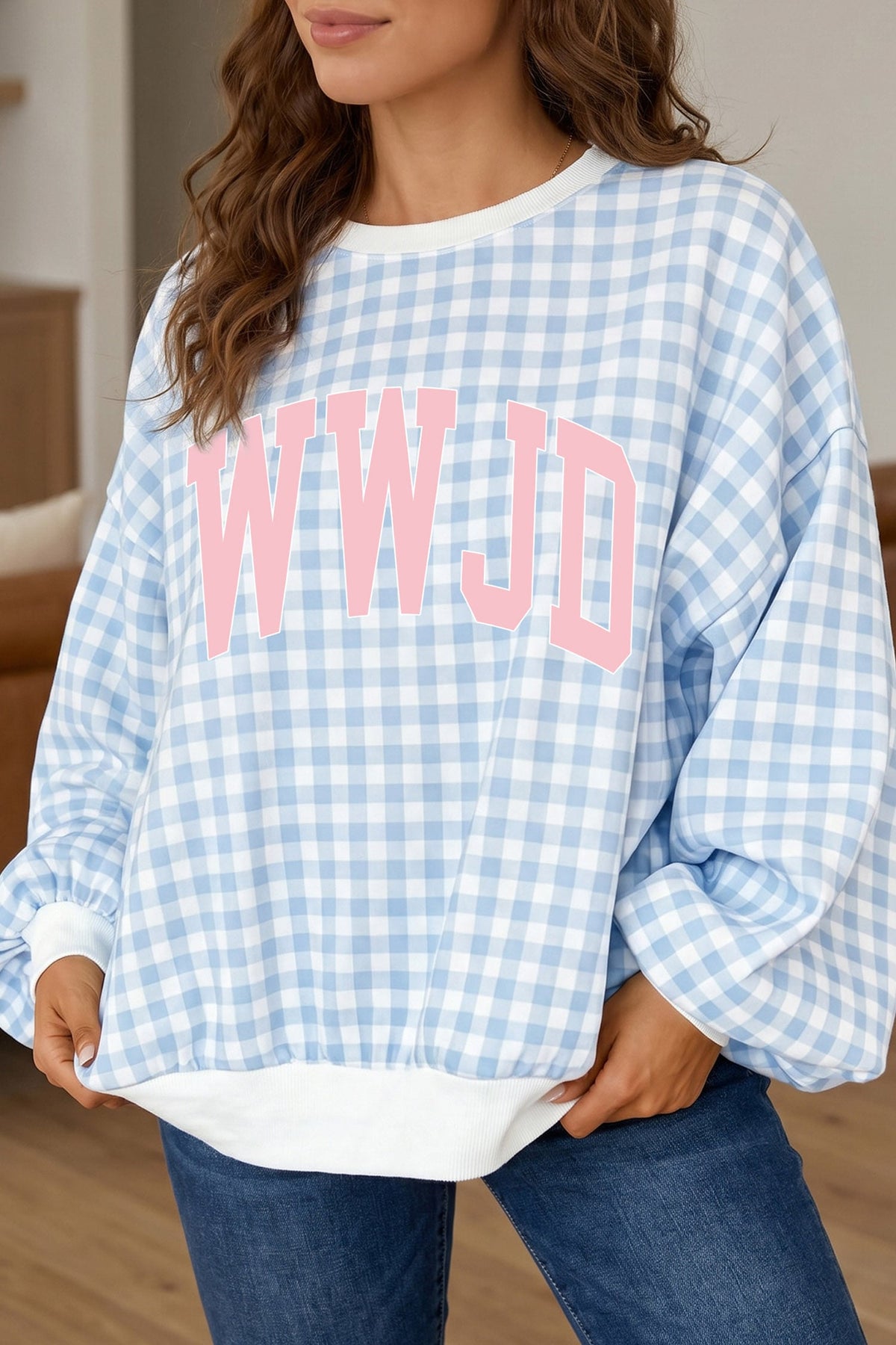 Light Blue WWJD Gingham  Tunic Crewneck Graphic Sweatshirt