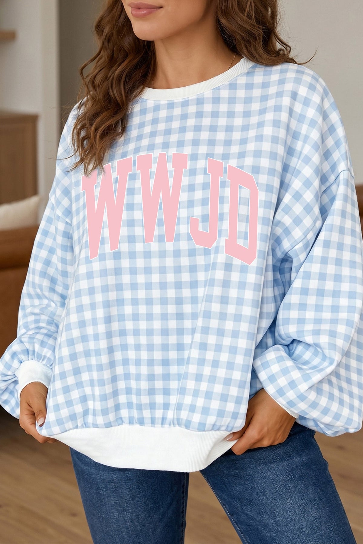 Light Blue WWJD Gingham  Tunic Crewneck Graphic Sweatshirt