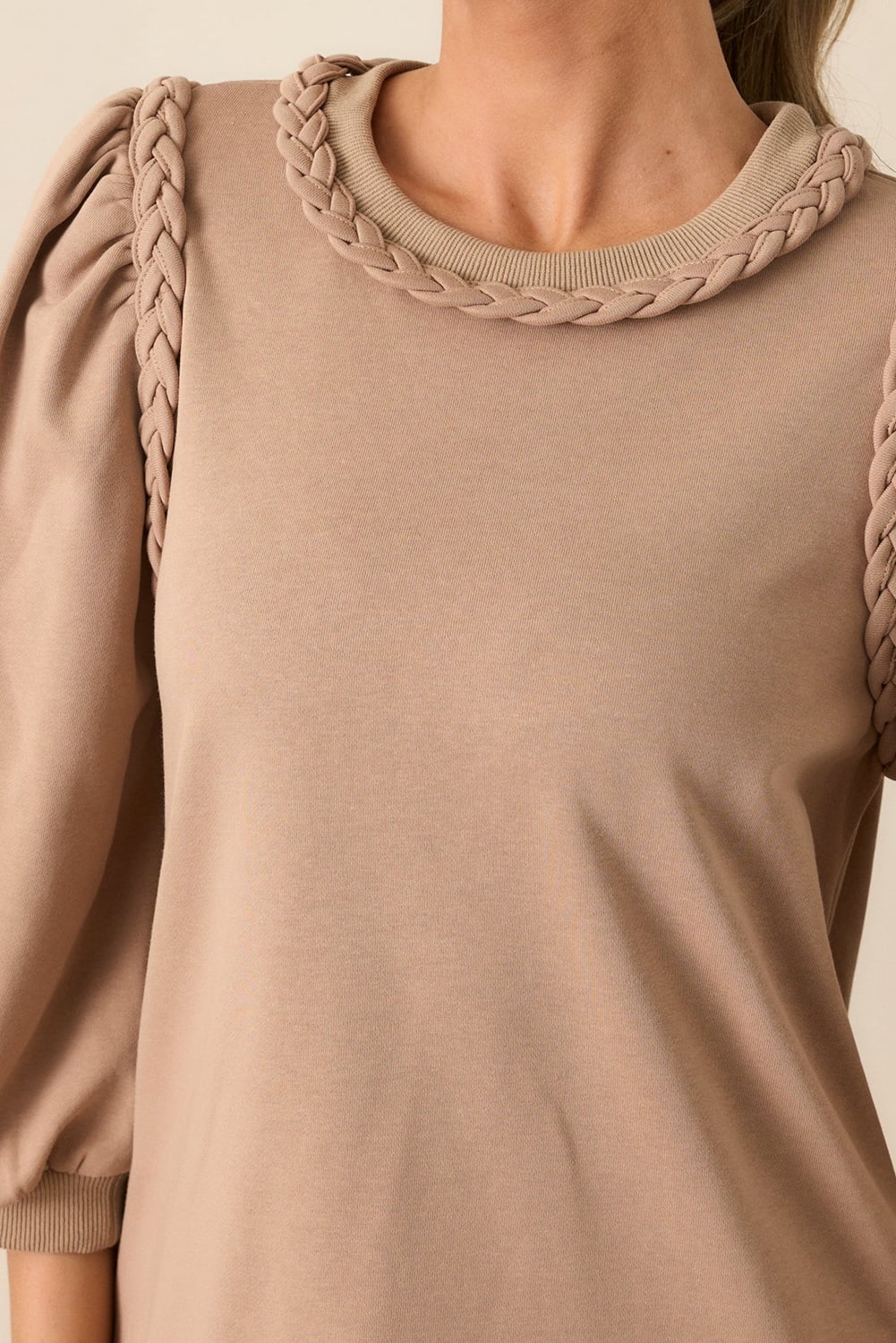 Light French Beige Braided Trim Puff Sleeve Dress