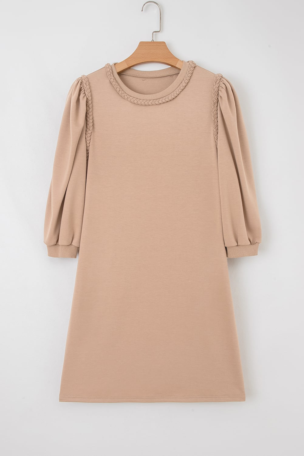 Light French Beige Braided Trim Puff Sleeve Dress