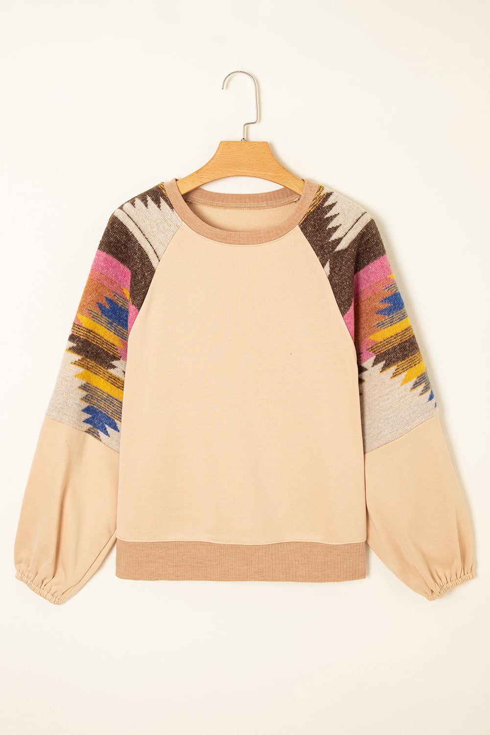 Light French Beige Aztec Patchwork Raglan Pullover Sweatshirt