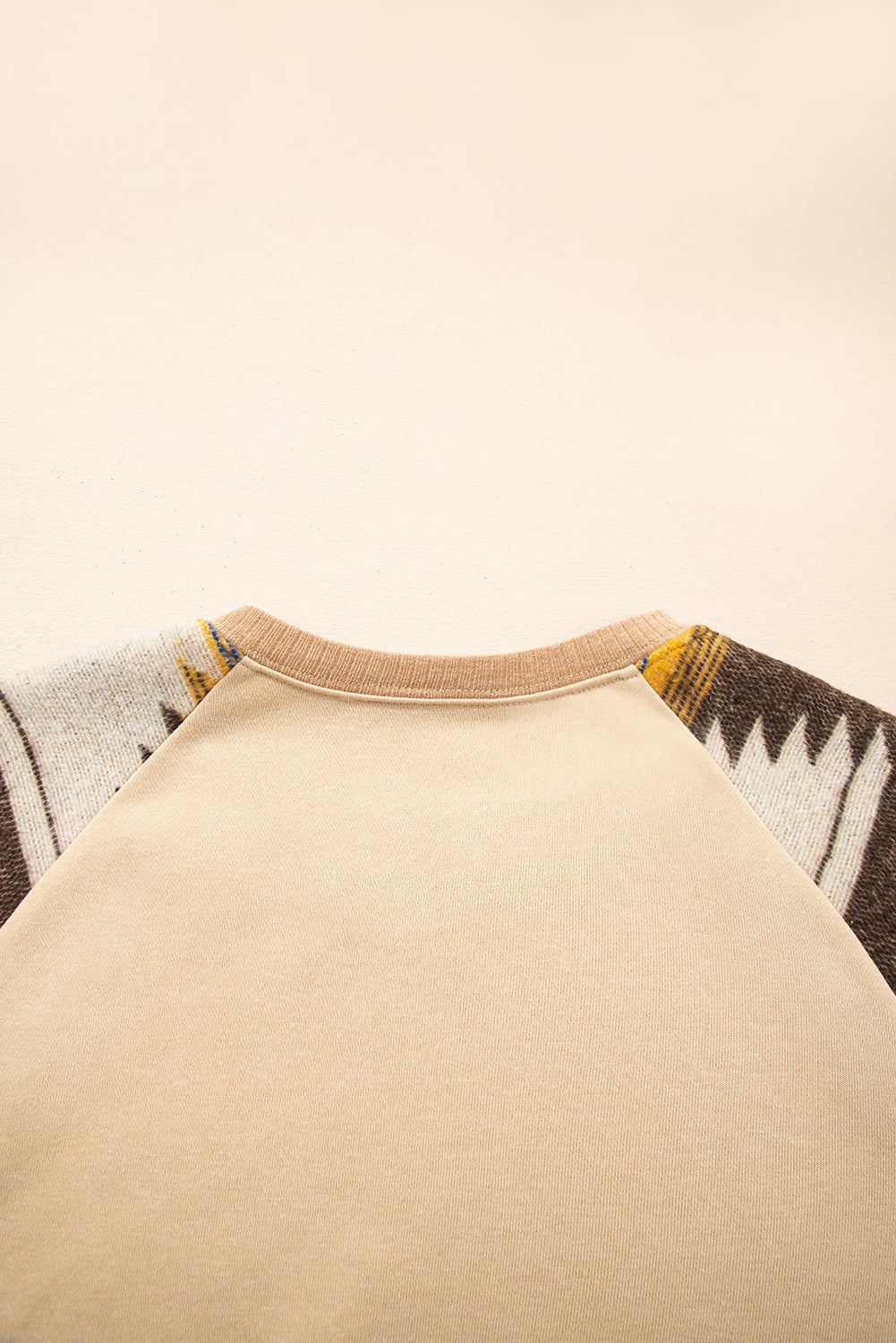 Light French Beige Aztec Patchwork Raglan Pullover Sweatshirt