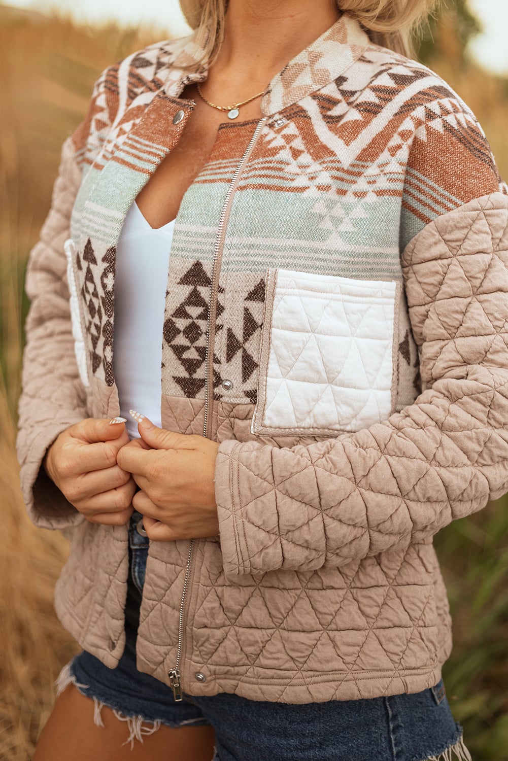 Light French Beige Aztec Quilted Patchwork Western Fashion Jacket