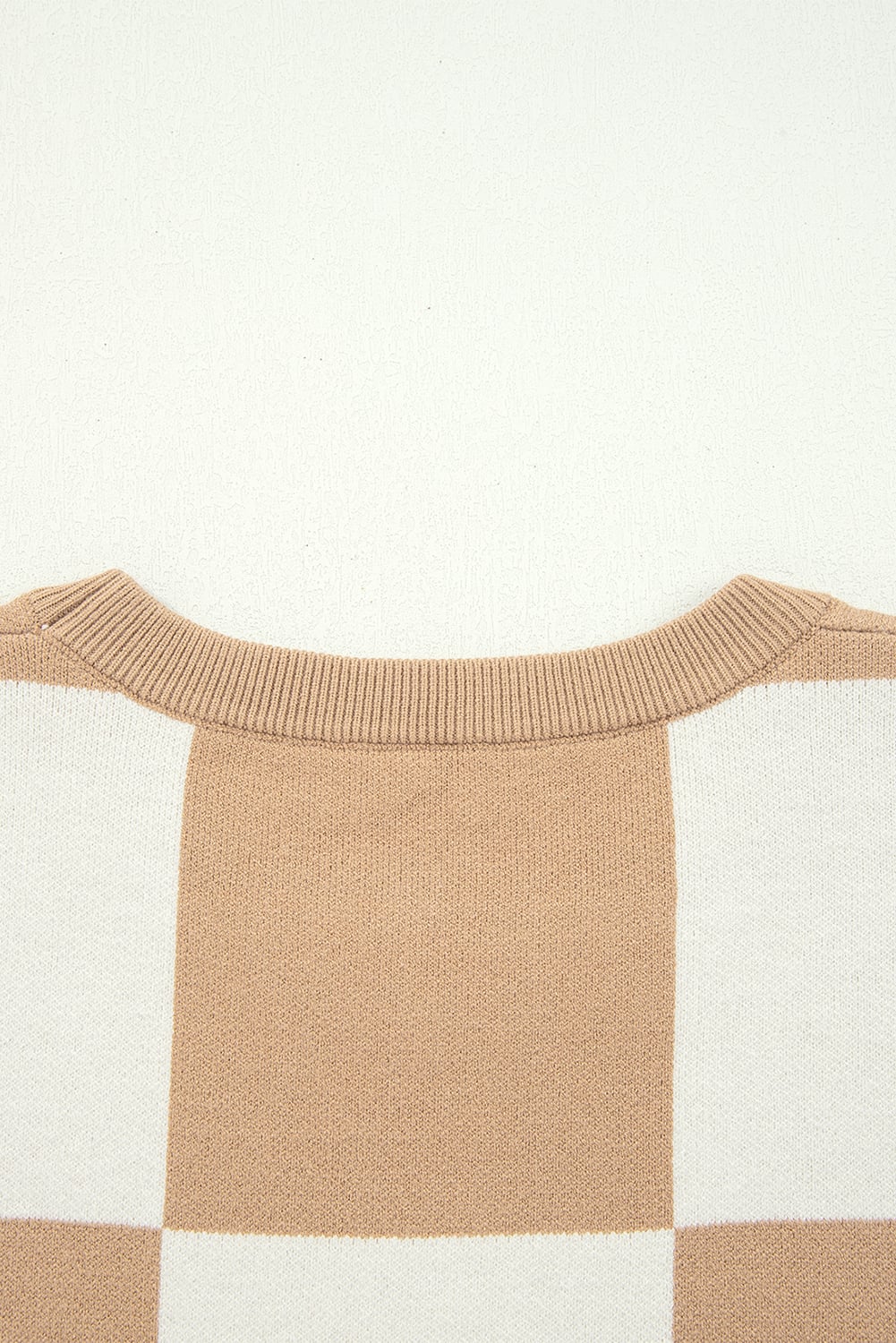 Light French Beige Checkered Pattern Loose Drop Shoulder Half Sleeve Sweater