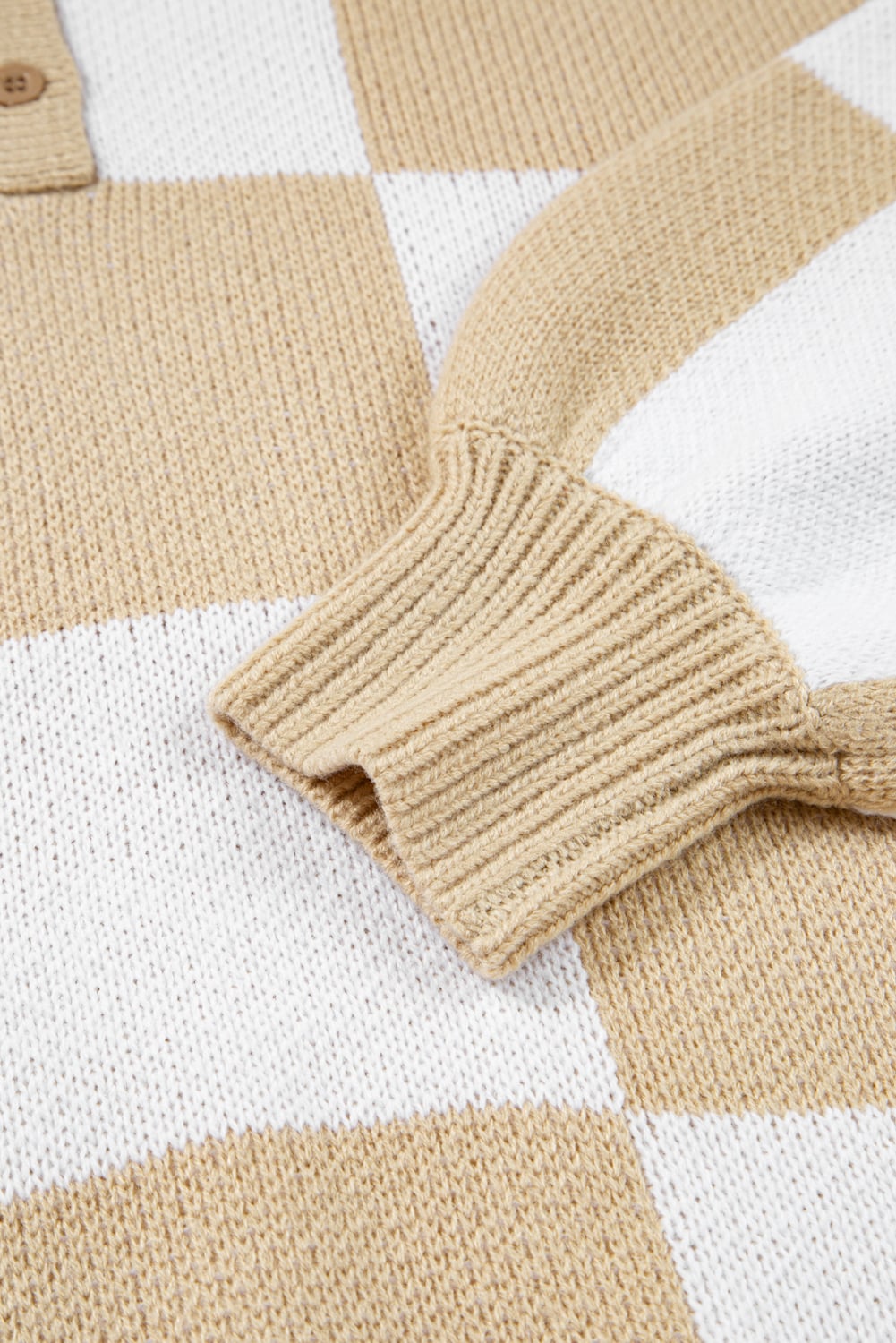 Light French Beige Checkered Pattern Polo Collar Loose Sweater
