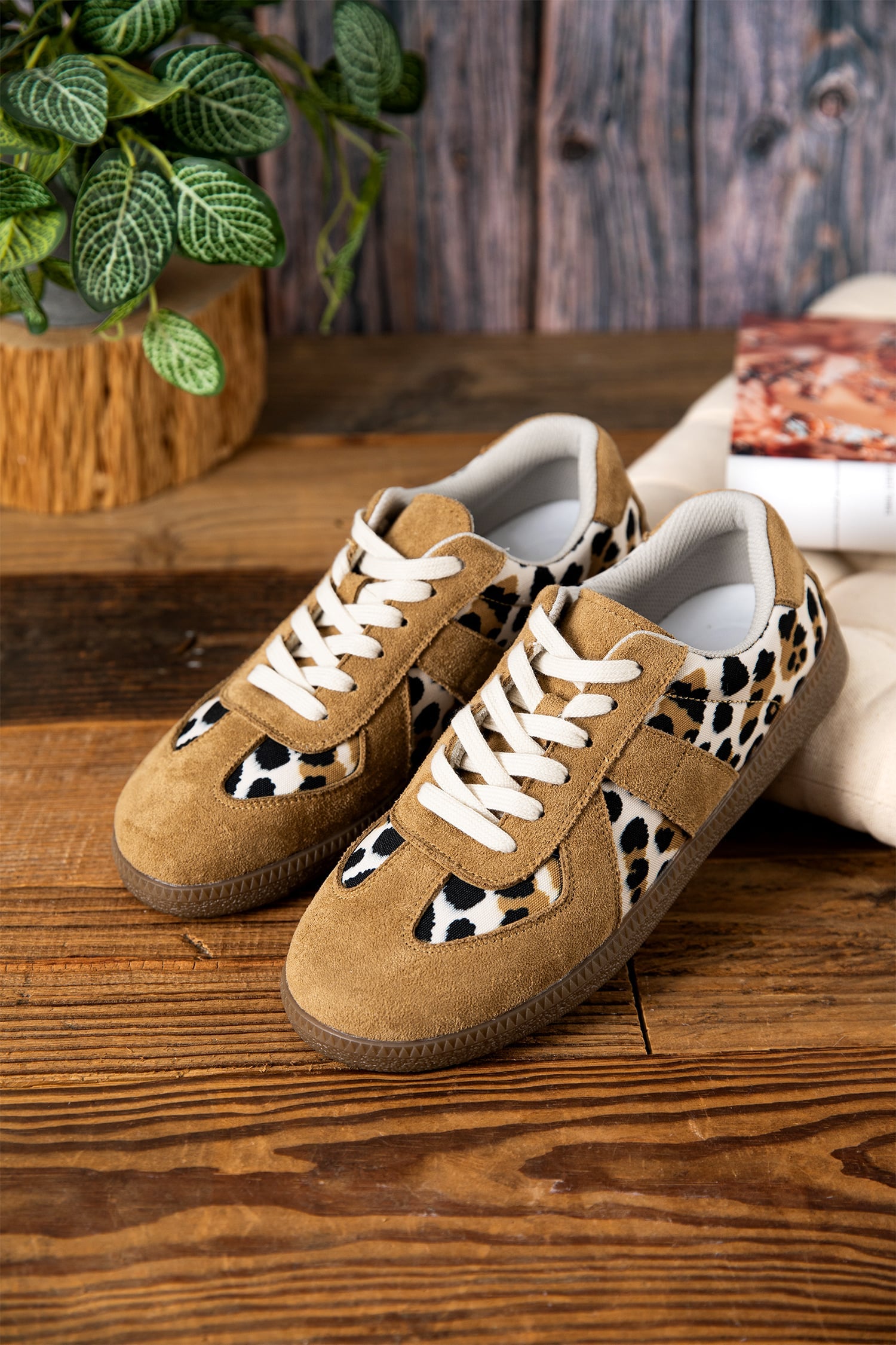 Light French Beige Color Block Leopard Print Patchwork Lace-up Flat Shoes