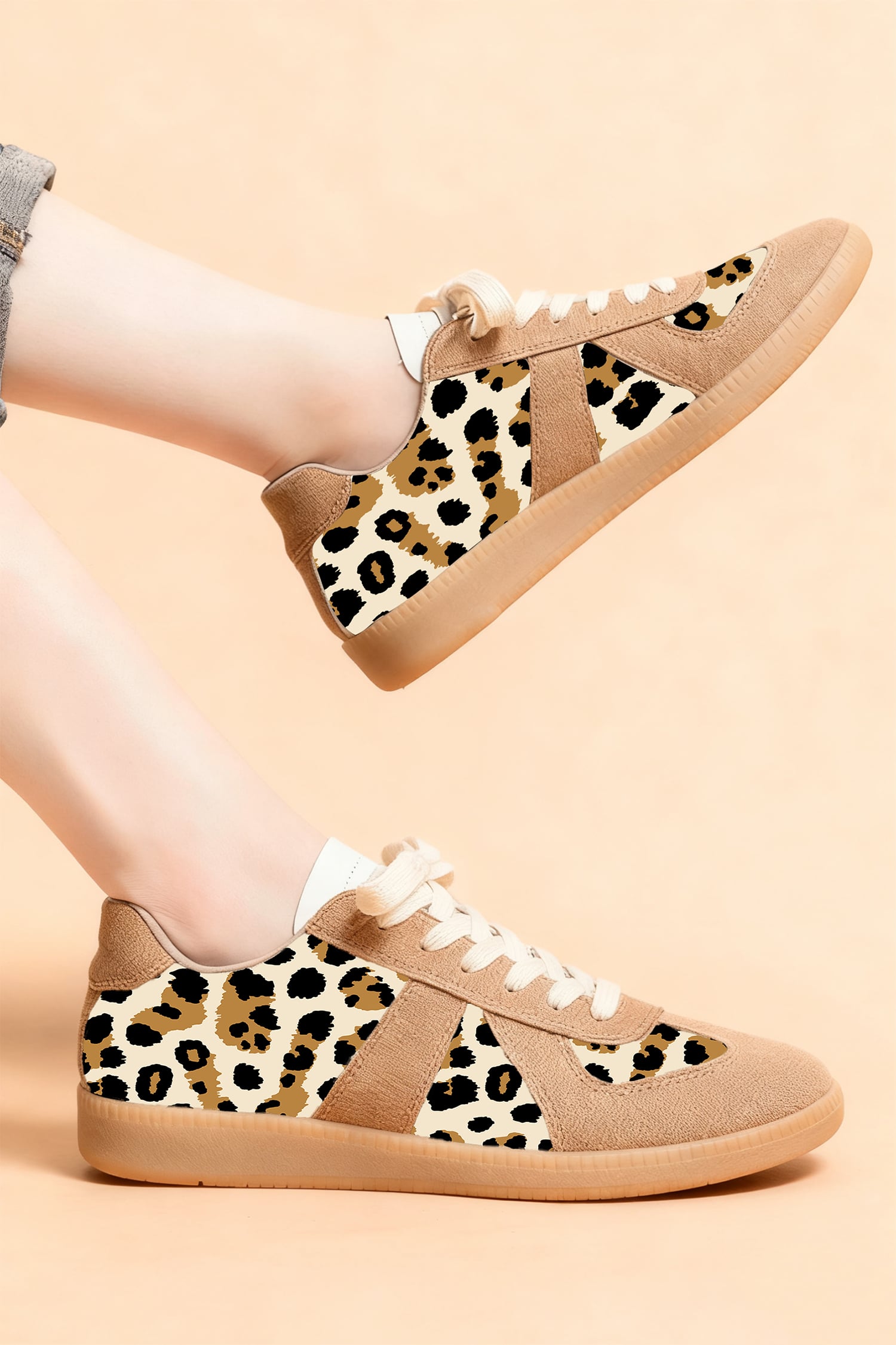Light French Beige Color Block Leopard Print Patchwork Lace-up Flat Shoes
