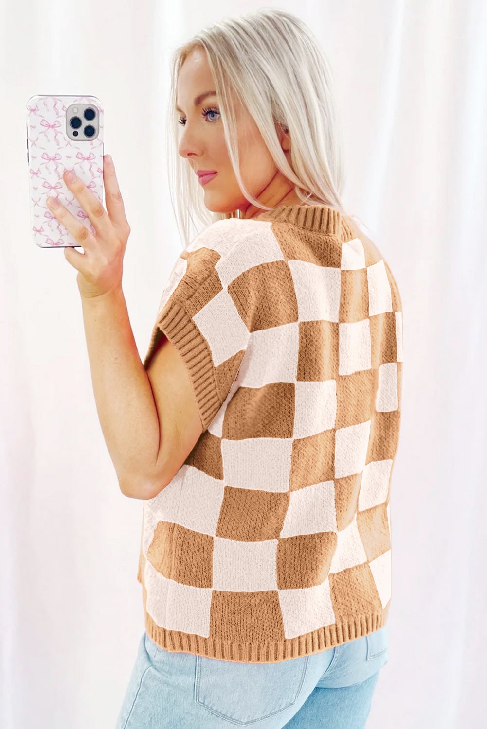 Light French Beige Colorblock Plaid Pattern Ribbed Trim Sweater Tank Top