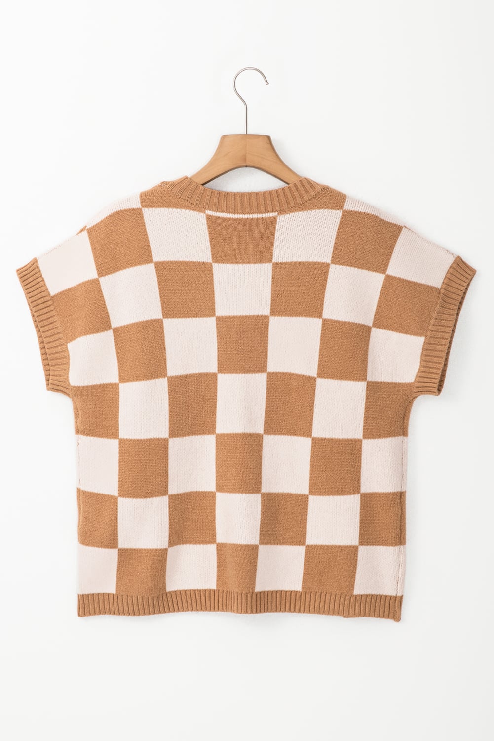 Light French Beige Colorblock Plaid Pattern Ribbed Trim Sweater Tank Top