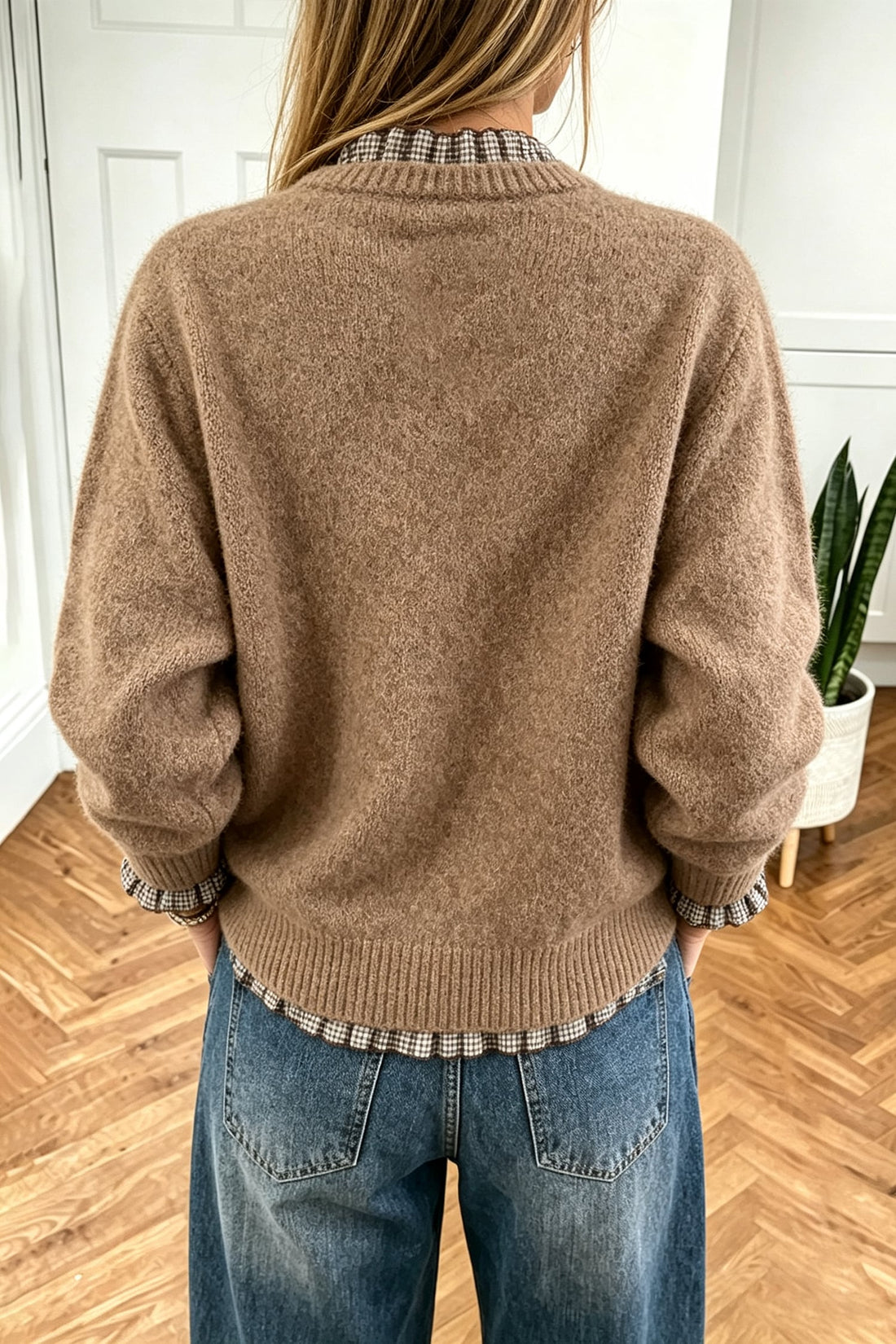 Light French Beige Contrast Plaid Ruffle Trim Pullover Sweater