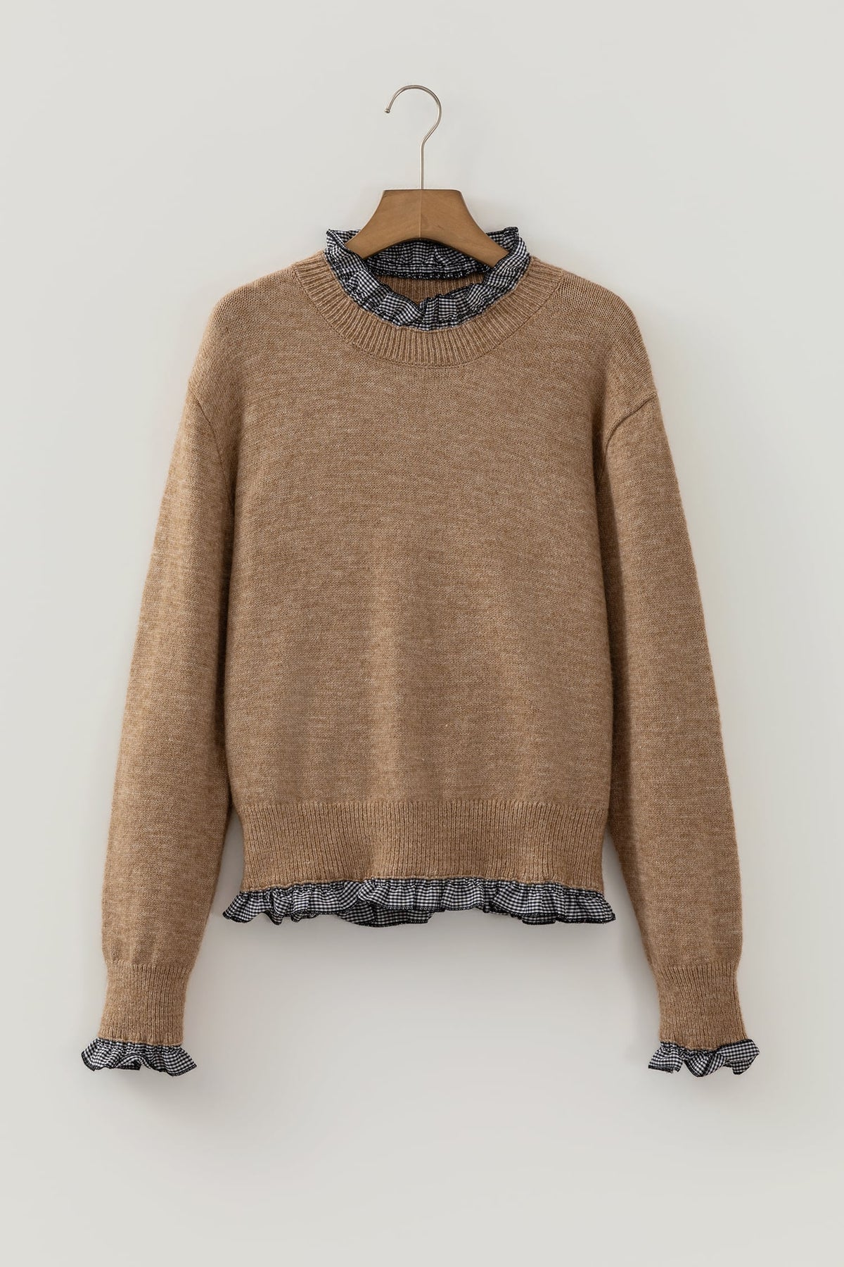 Light French Beige Contrast Plaid Ruffle Trim Pullover Sweater