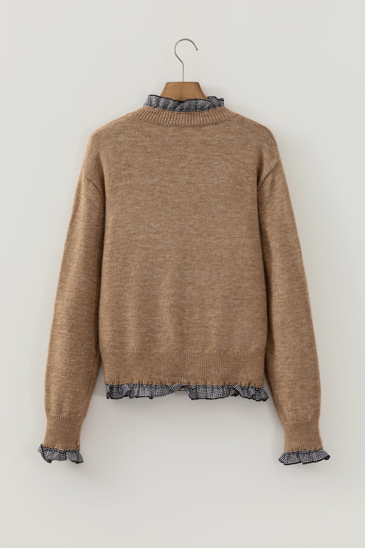 Light French Beige Contrast Plaid Ruffle Trim Pullover Sweater