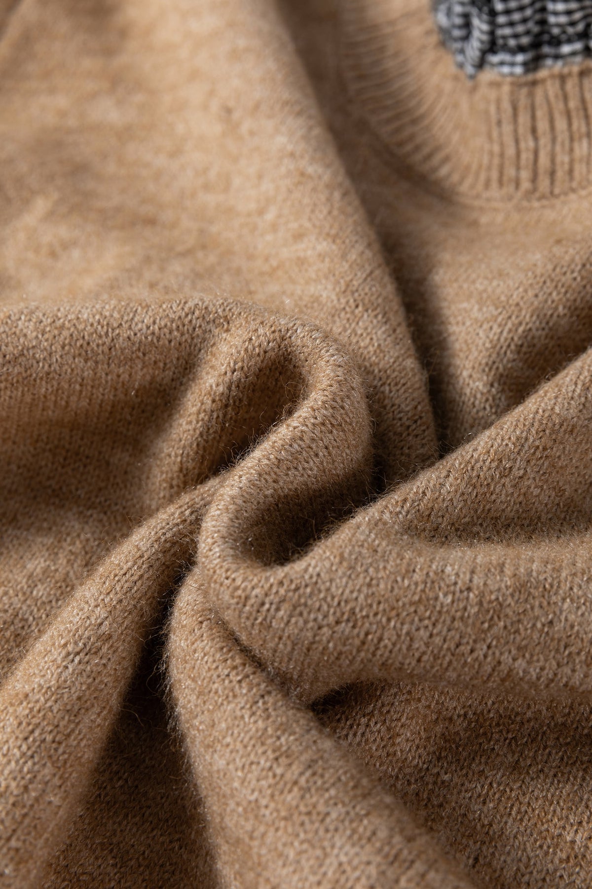 Light French Beige Contrast Plaid Ruffle Trim Pullover Sweater
