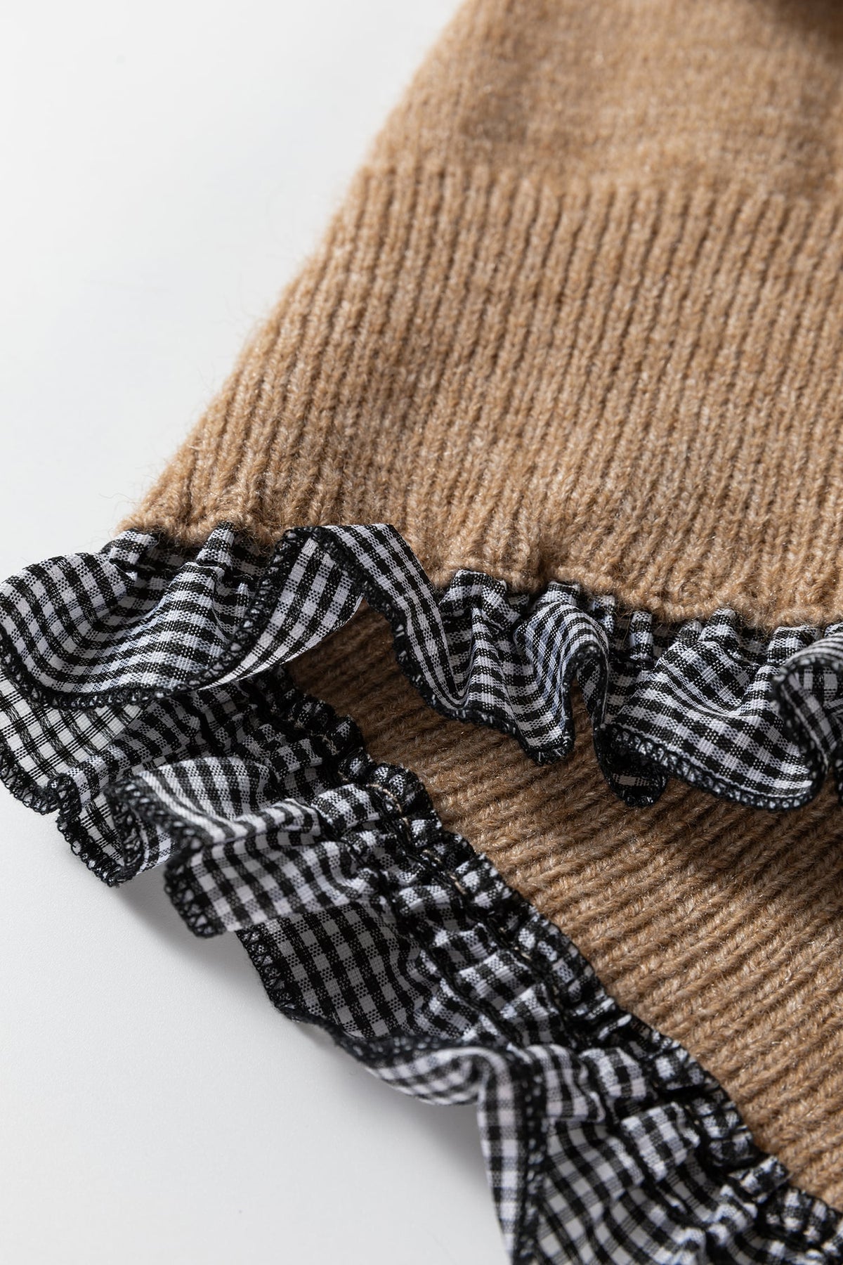 Light French Beige Contrast Plaid Ruffle Trim Pullover Sweater