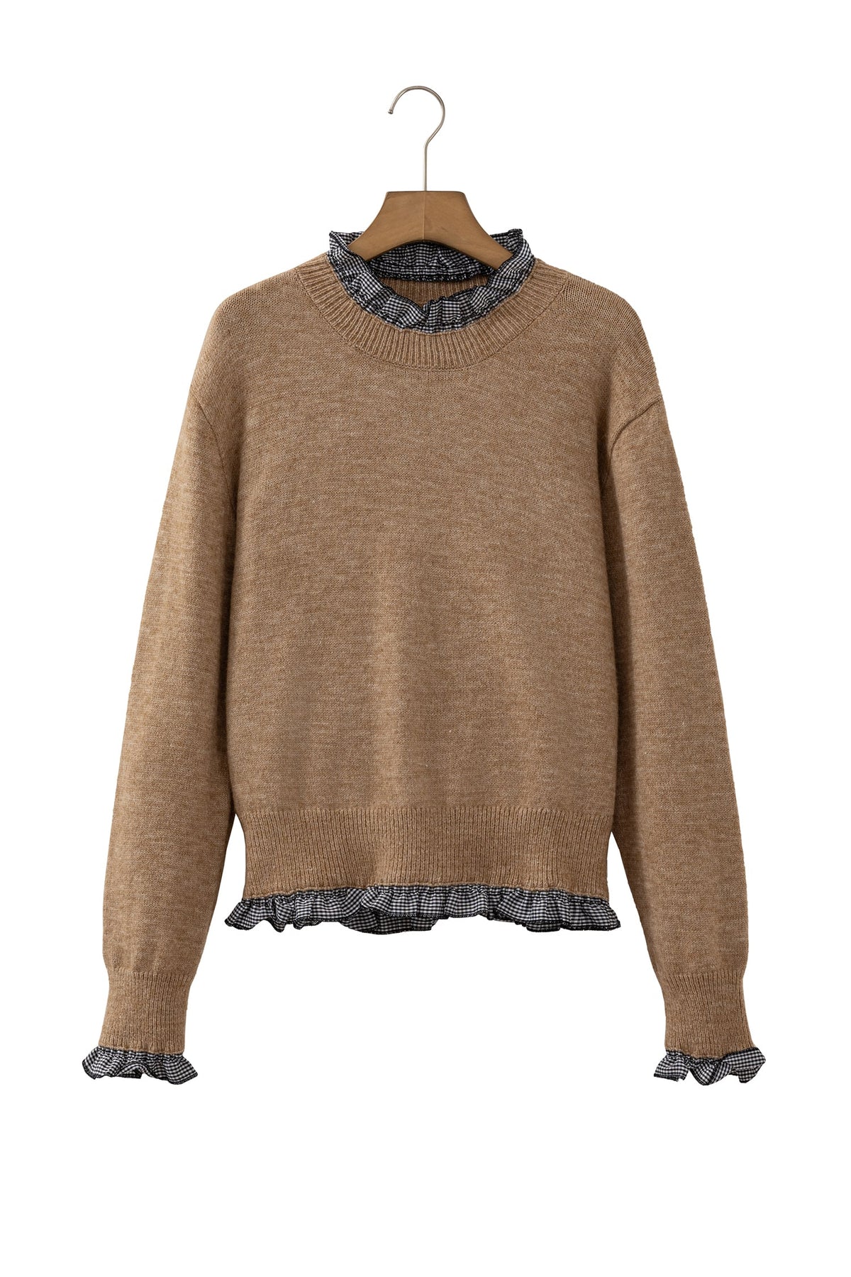 Light French Beige Contrast Plaid Ruffle Trim Pullover Sweater