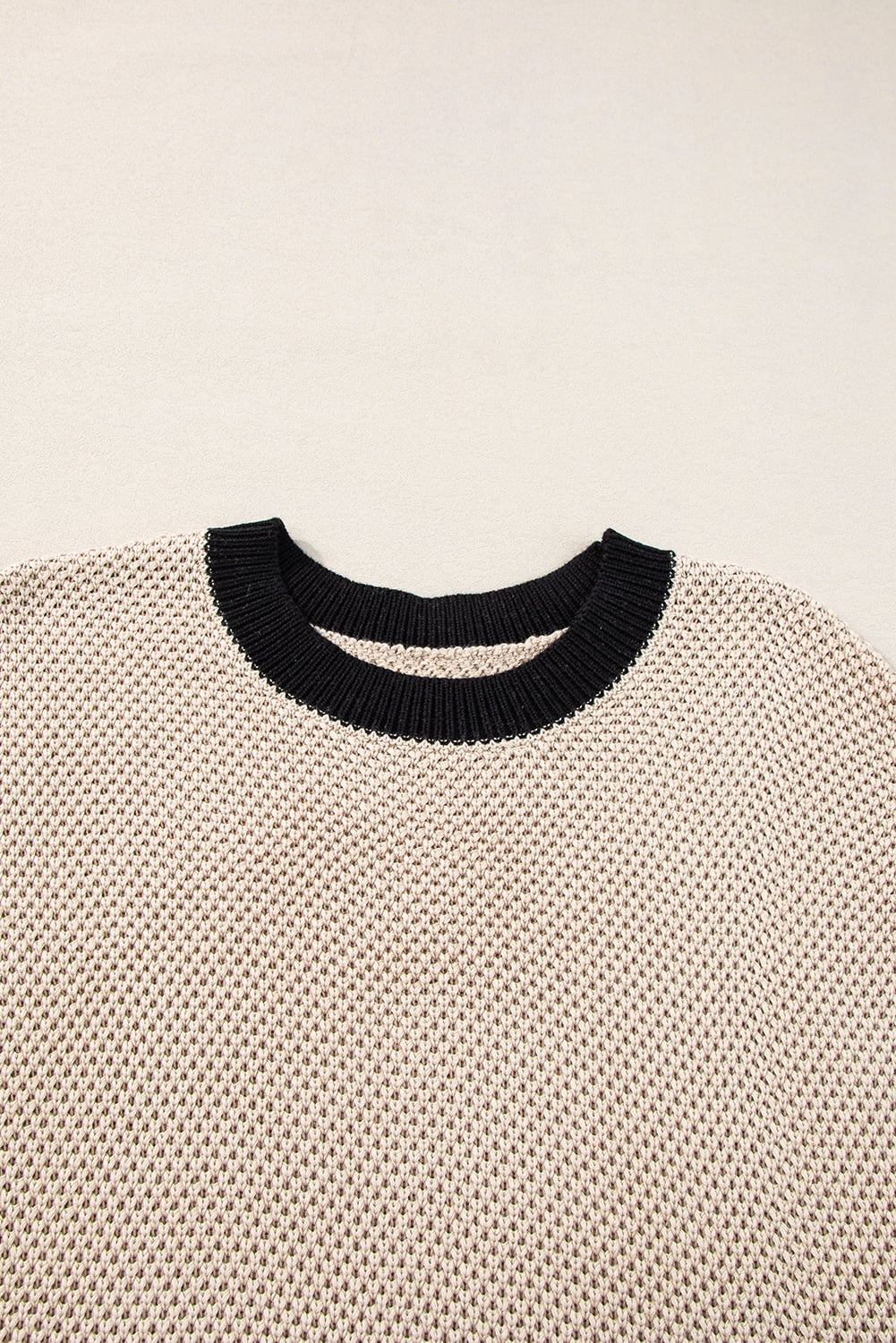 Light French Beige Contrast Trim Round Neck Batwing Sleeve Sweater Top