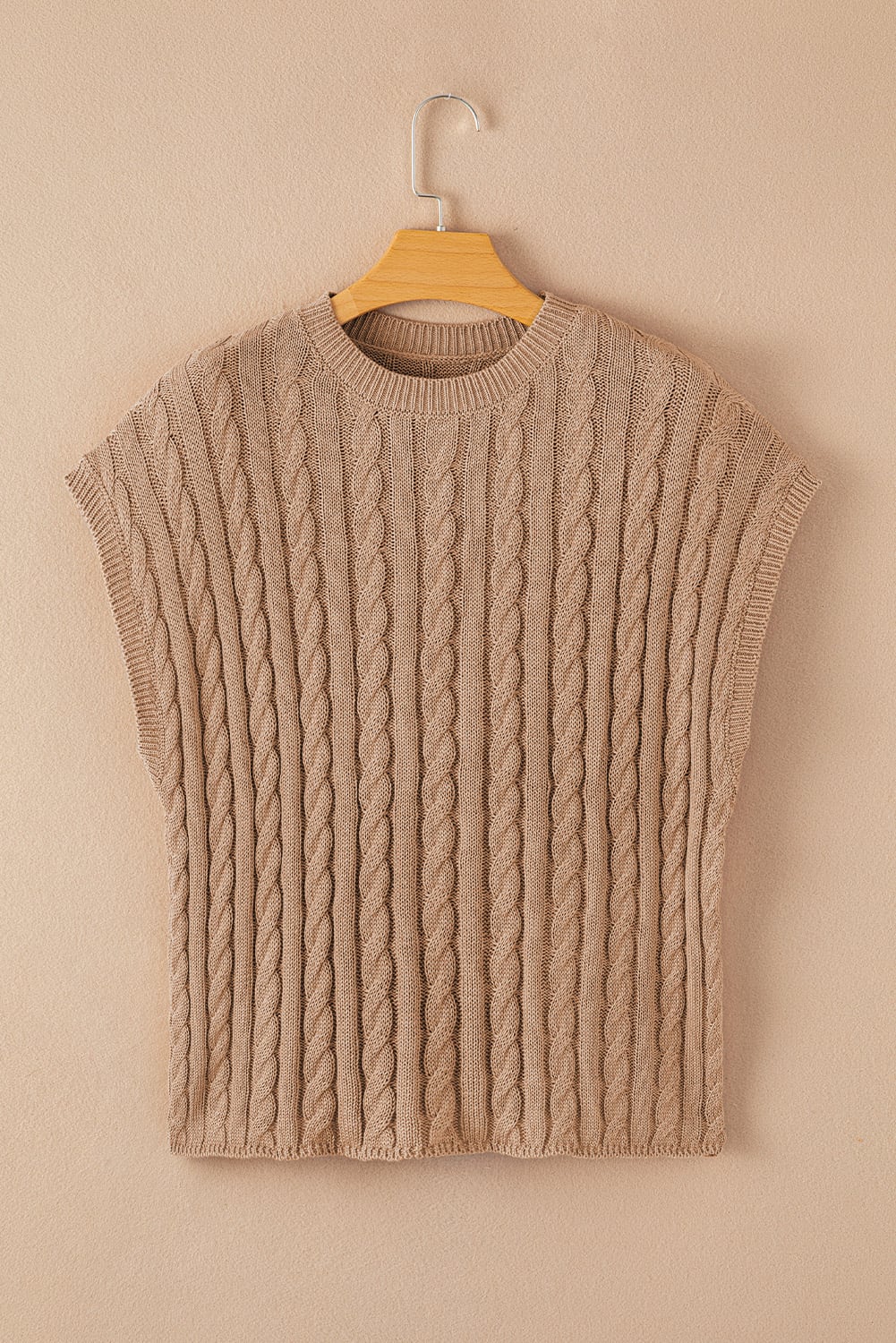 Light French Beige Crew Neck Cable Knit Short Sleeve Sweater