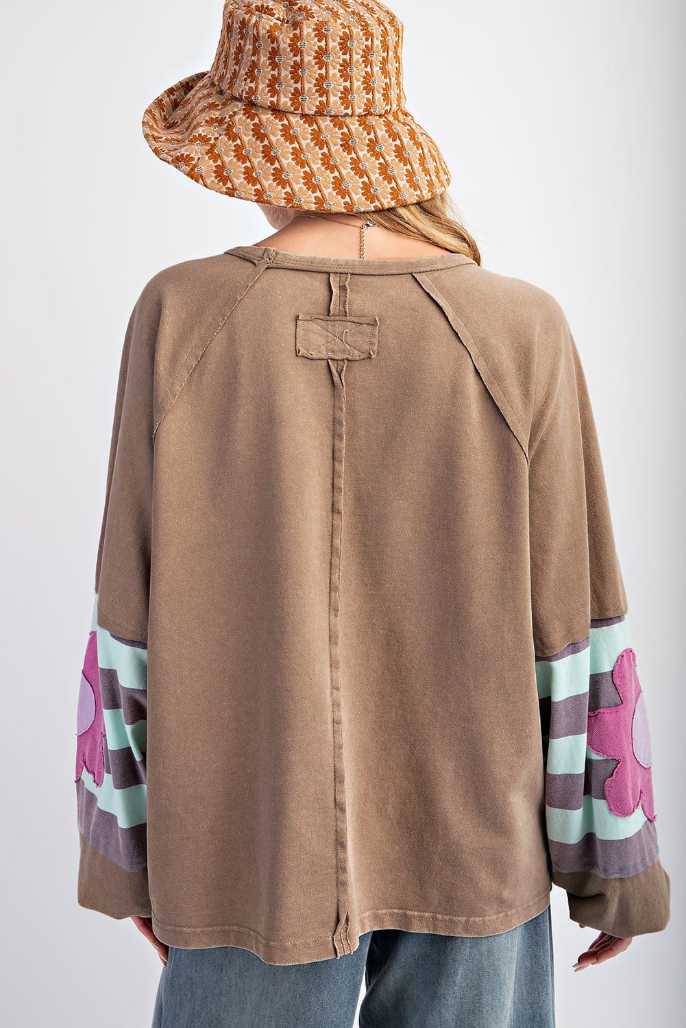 Light French Beige Plus Size Flower Striped Patchwork Puff Sleeve Loose Sweatshirt