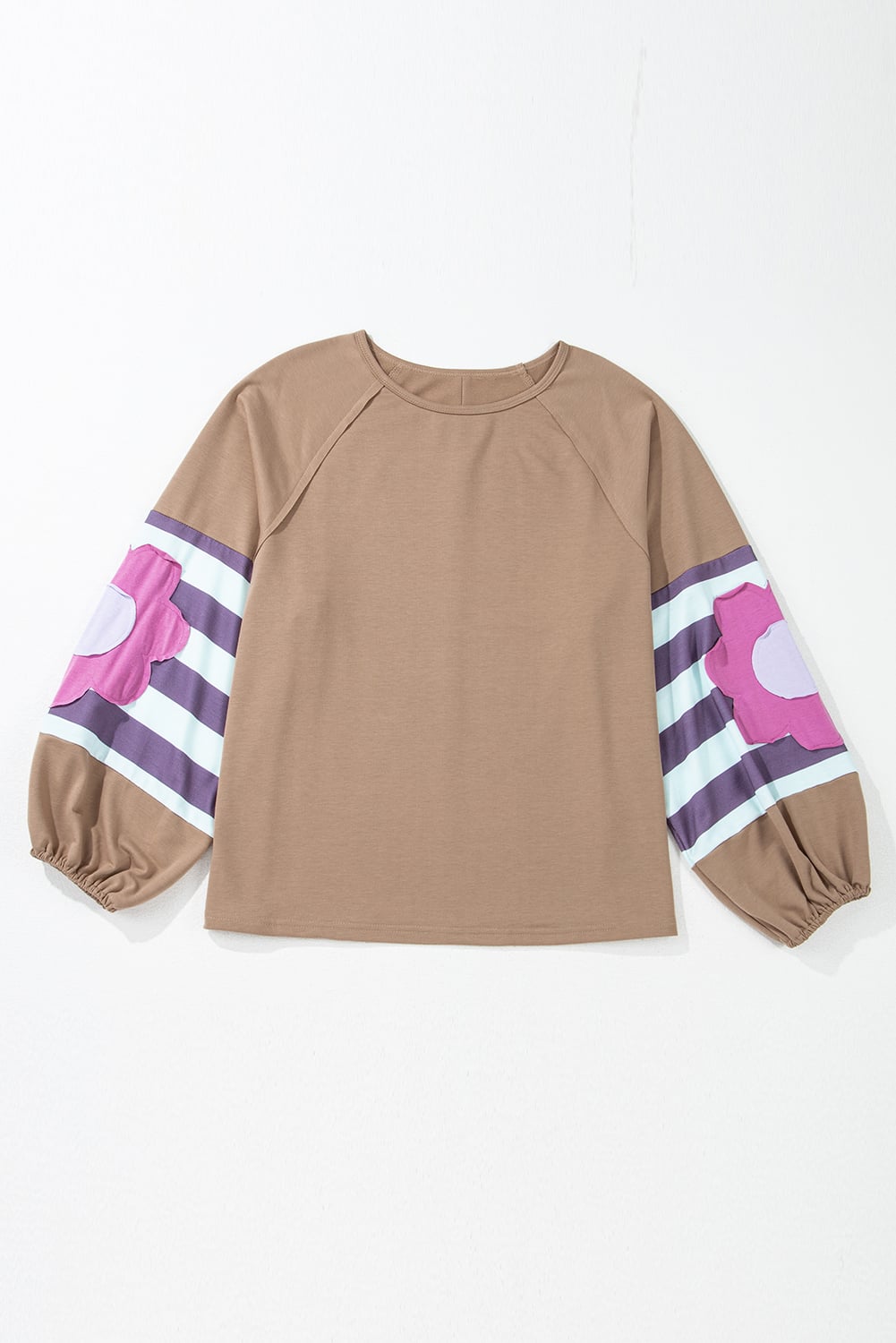 Light French Beige Plus Size Flower Striped Patchwork Puff Sleeve Loose Sweatshirt