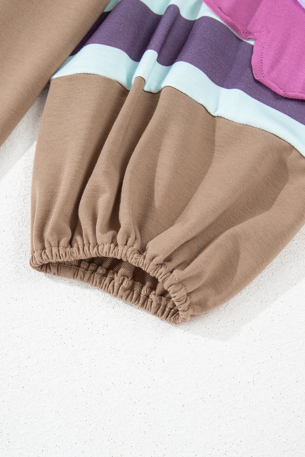 Light French Beige Plus Size Flower Striped Patchwork Puff Sleeve Loose Sweatshirt