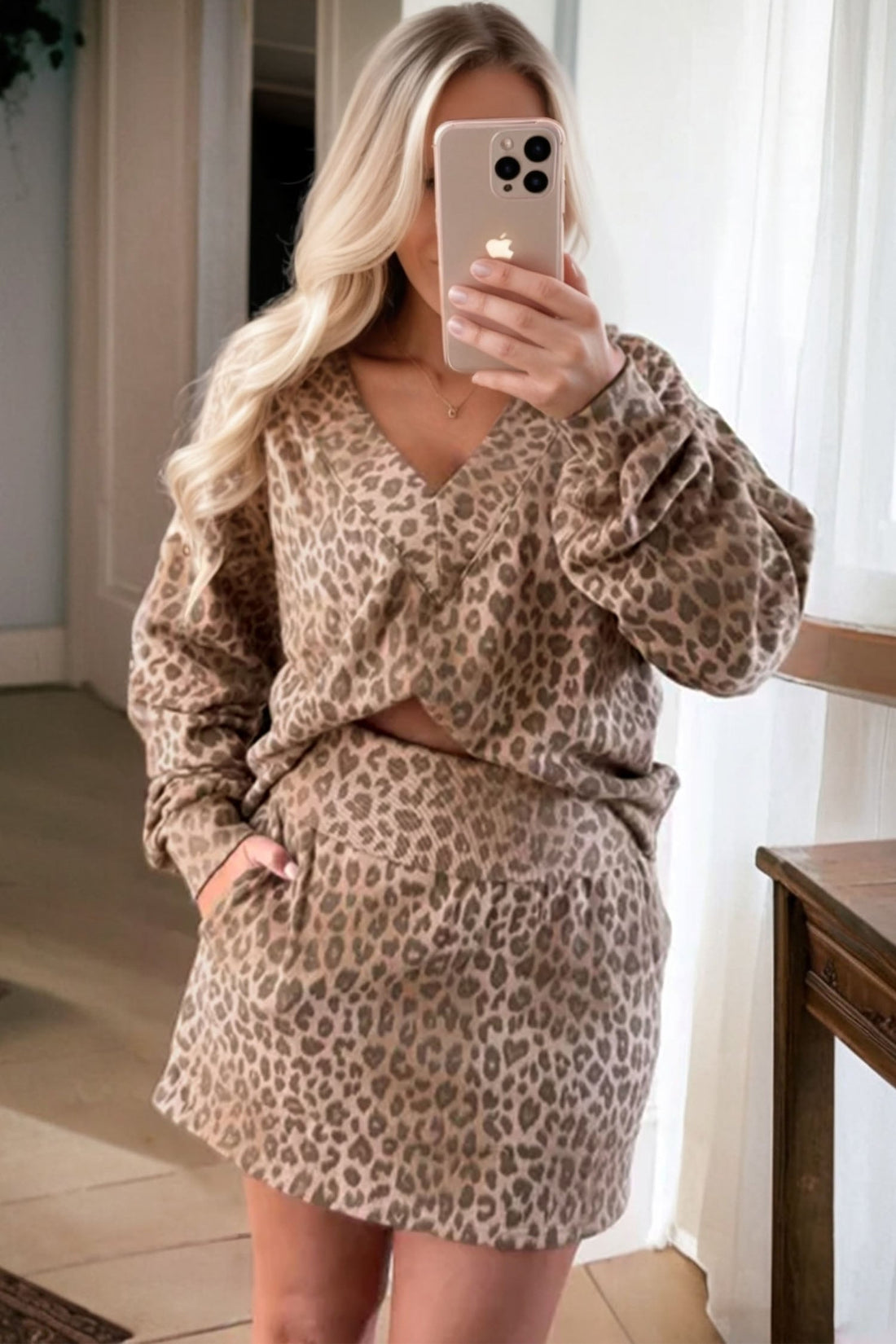 Light French Beige Leopard Print V Neck Pullover Mini Skirt 2pcs Set