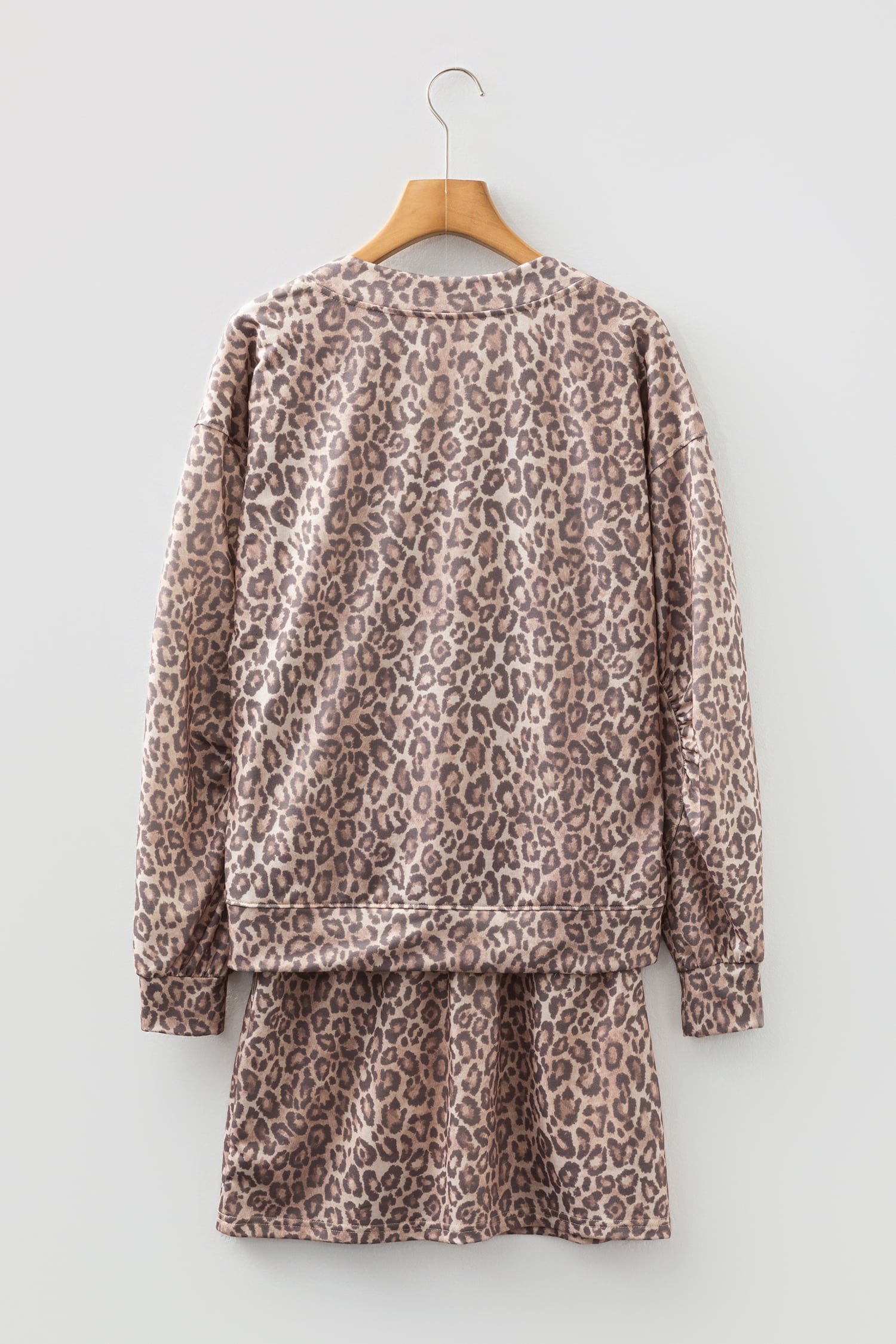 Light French Beige Leopard Print V Neck Pullover Mini Skirt 2pcs Set