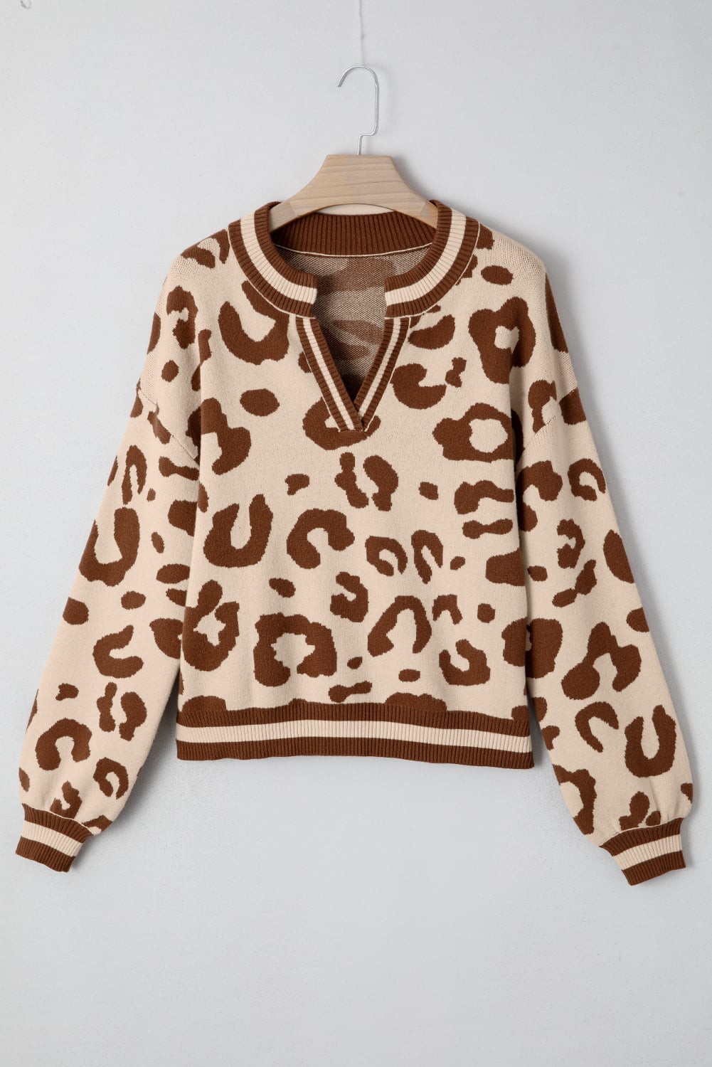 Light French Beige Leopard Printed Knit V Neck Casual Sweater
