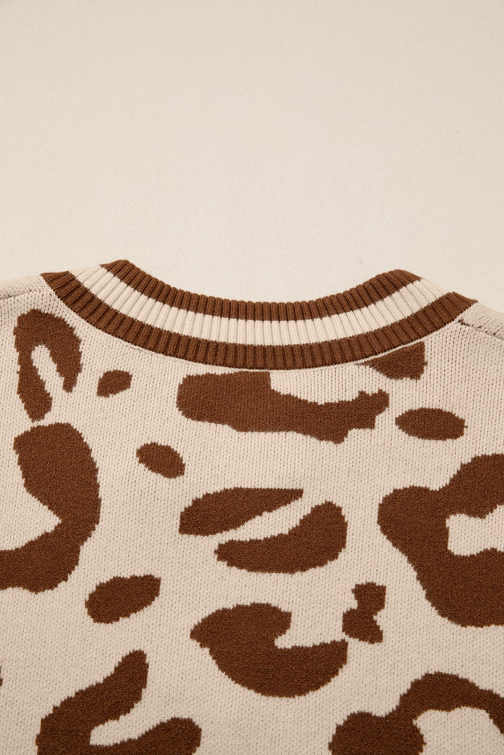 Light French Beige Leopard Printed Knit V Neck Casual Sweater