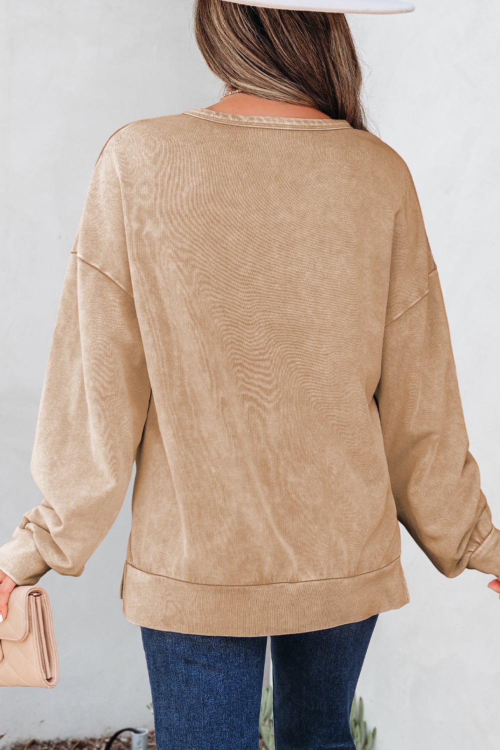 Light French Beige Mineral Wash Big Bow Patchwork Pullover Sweatshirt