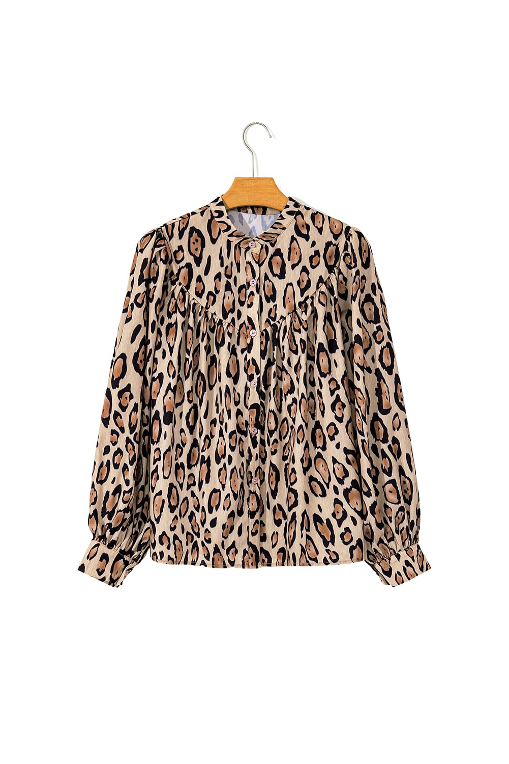 Light French Beige Oversized Leopard Print Balloon Sleeve Casual Shirt