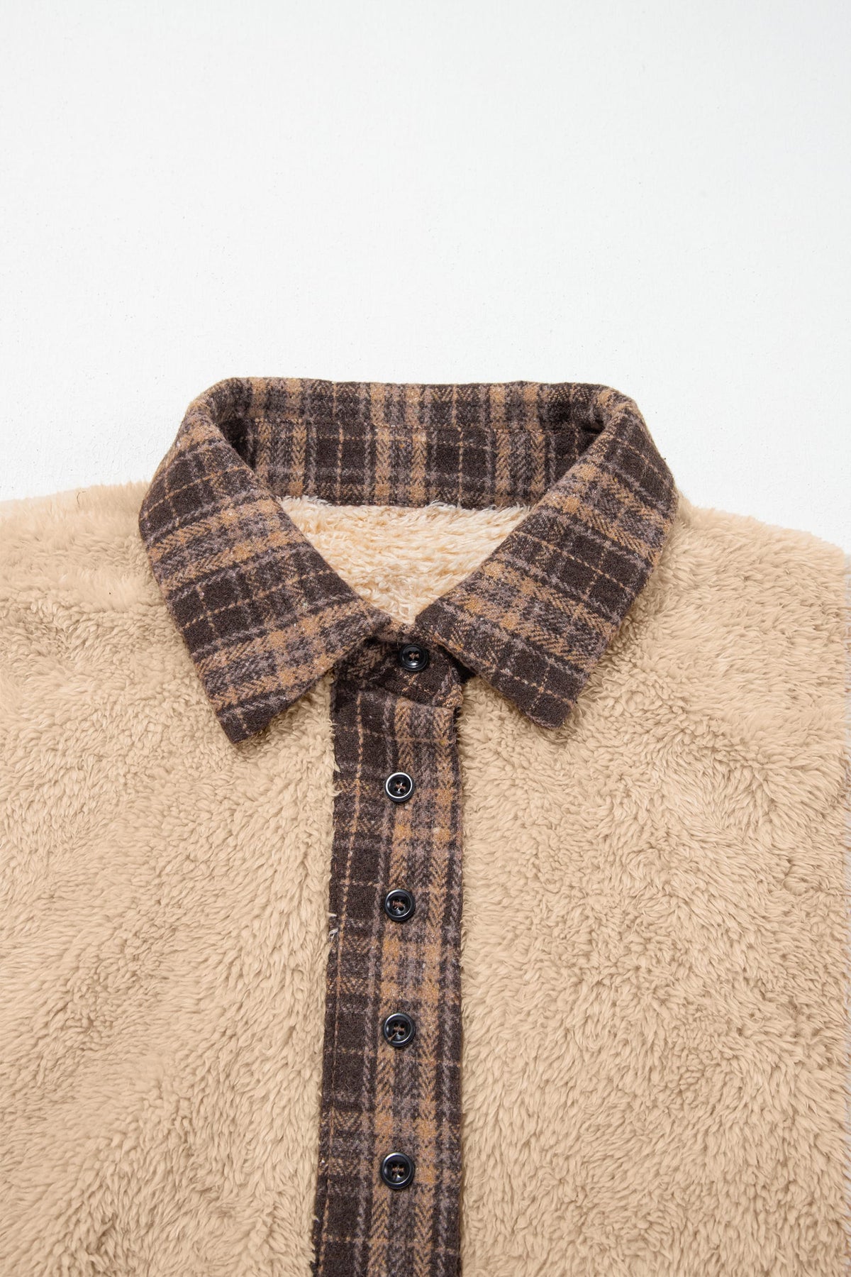 Light French Beige Plaid Collar Button Front Fleece Pullover Sweatshirt