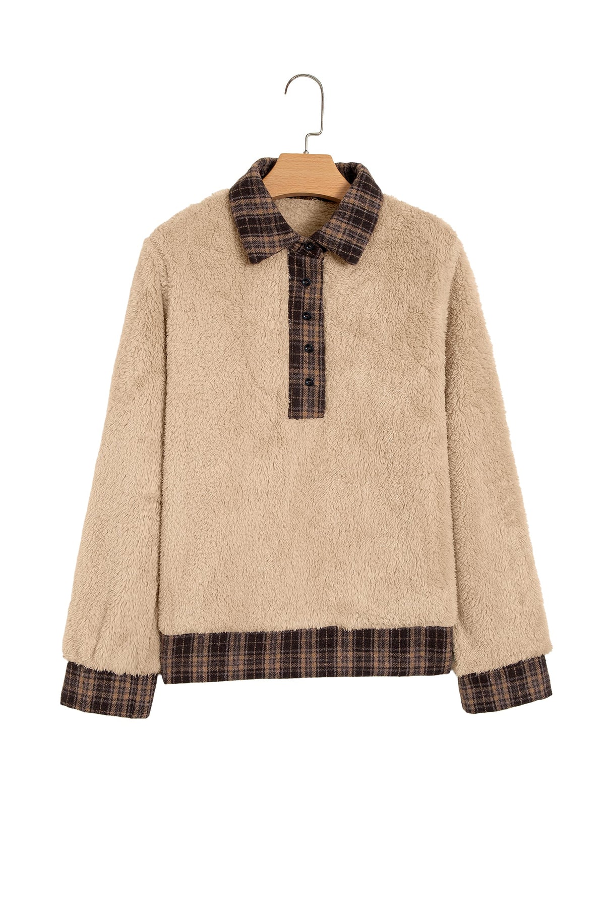 Light French Beige Plaid Collar Button Front Fleece Pullover Sweatshirt