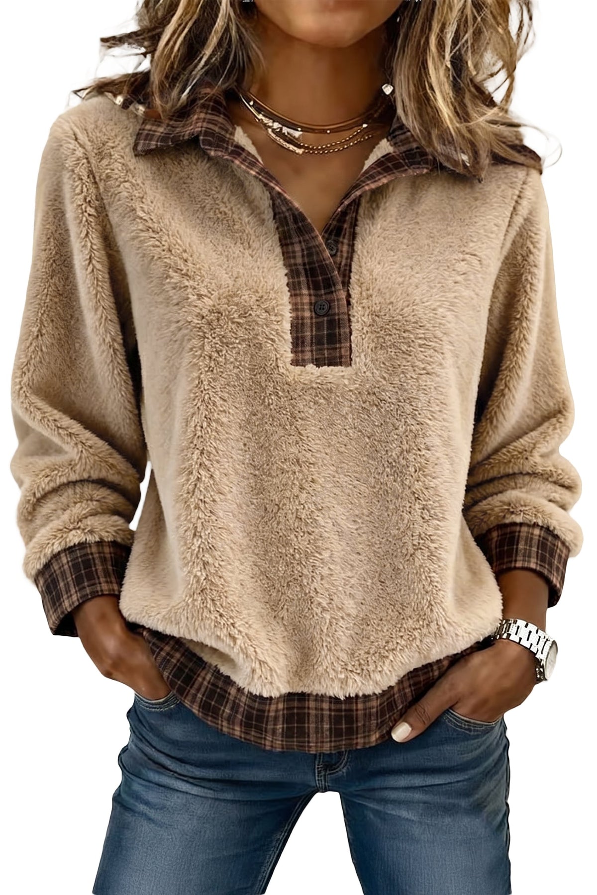 Light French Beige Plaid Collar Button Front Fleece Pullover Sweatshirt