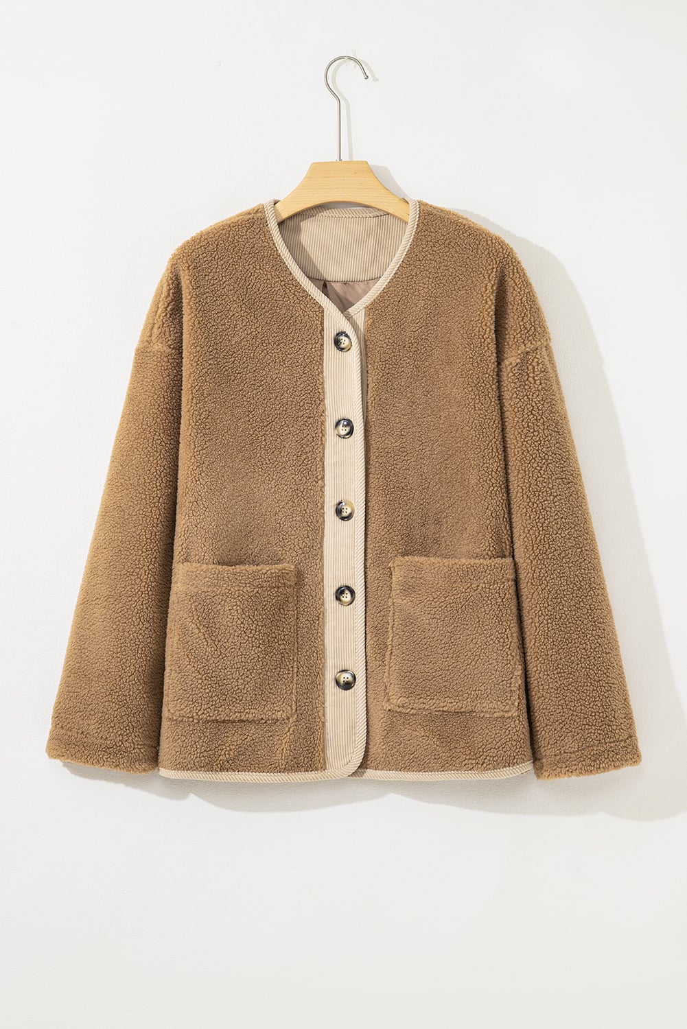 Light French Beige Puffy Plush Corduroy Edge Patchwork Jacket with Big Pockets