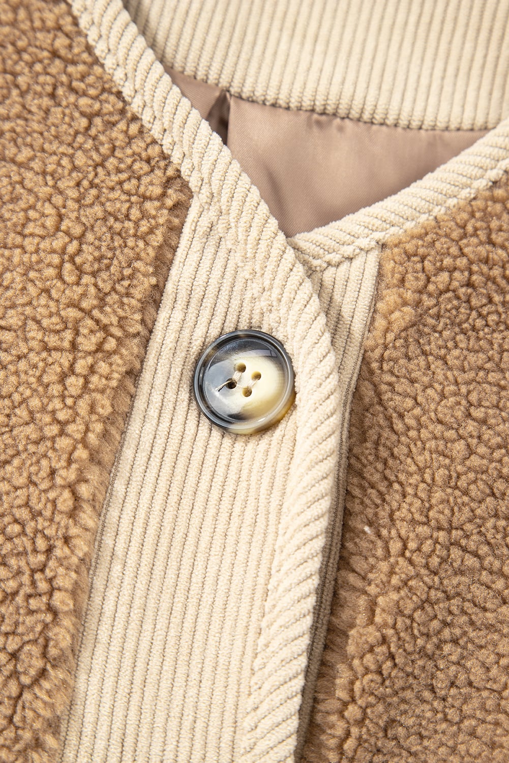 Light French Beige Puffy Plush Corduroy Edge Patchwork Jacket with Big Pockets