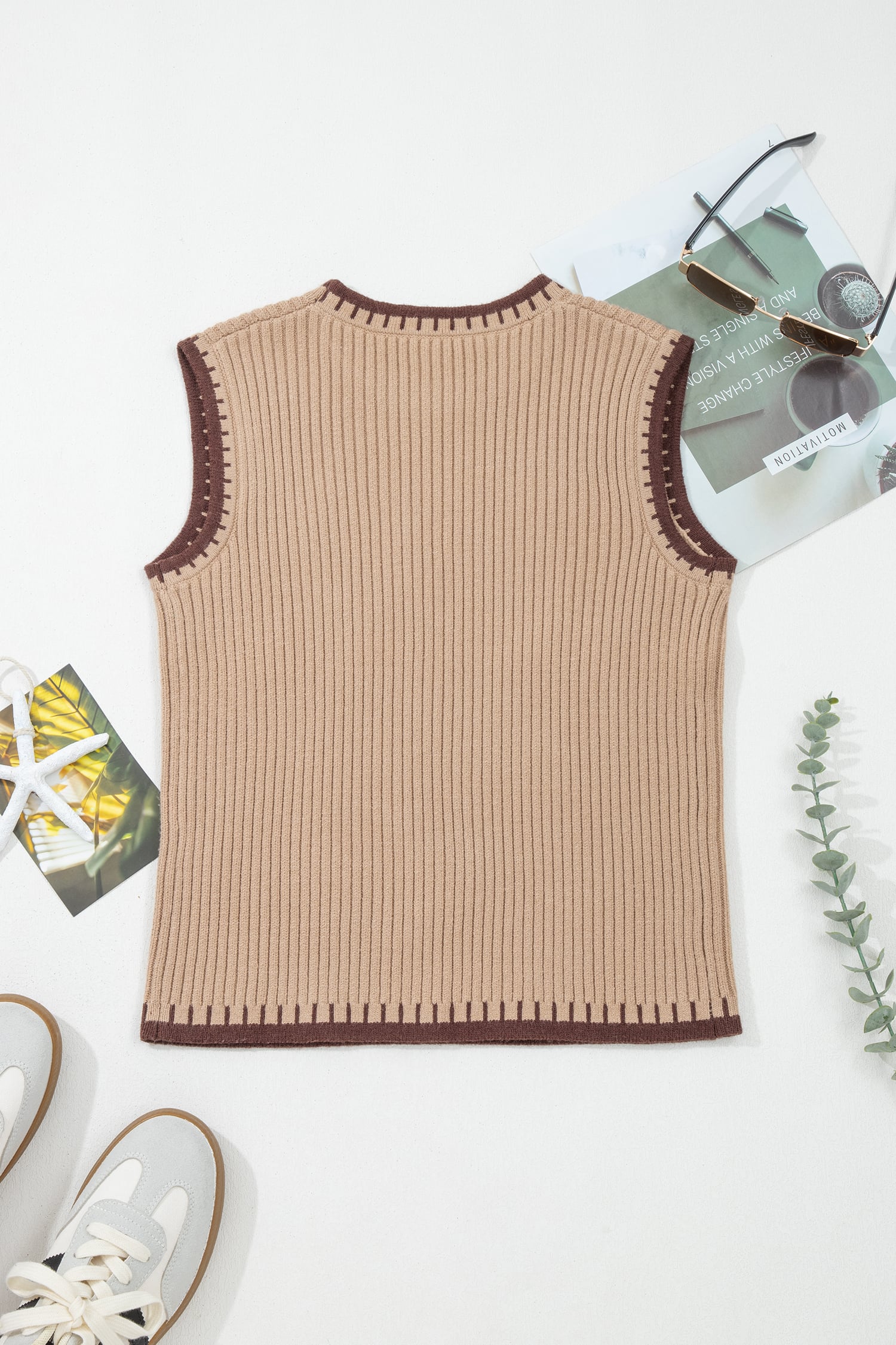 Light French Beige Ribbed Knit Contrast Trim Round Neck Horseshoe Sweater Vest