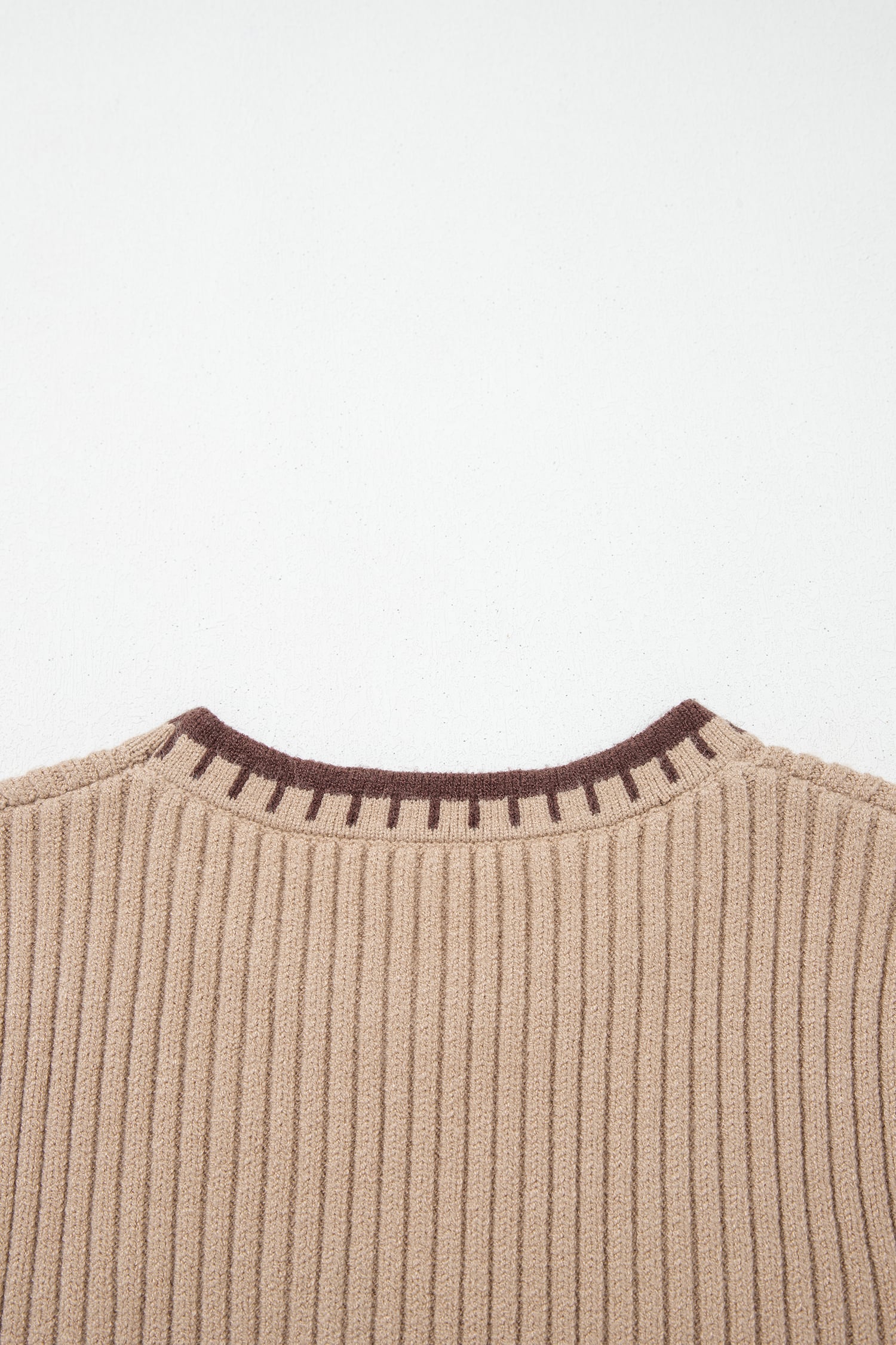 Light French Beige Ribbed Knit Contrast Trim Round Neck Horseshoe Sweater Vest