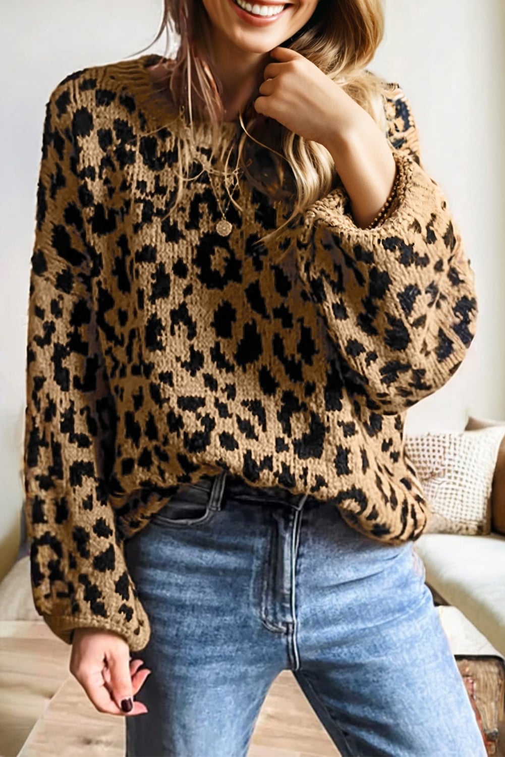 Light French Beige Ribbed Trim Round Neck Leopard Drop Shoulder Sweater